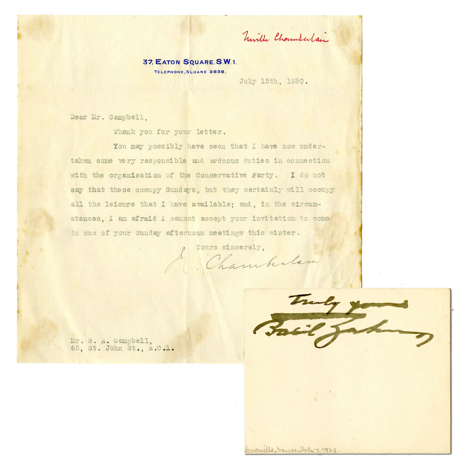 [WWI] Neville Chamberlain TLS and Sir Basil Zaharoff Signed Card: [WWI] Neville Chamberlain TLS and Sir Basil Zaharoff Signed Card A pair of items - including a Neville Chamberlain and a Basil Zaharoff signed card. The letter, 1p, measuring 8" x 8", London, dated Ju