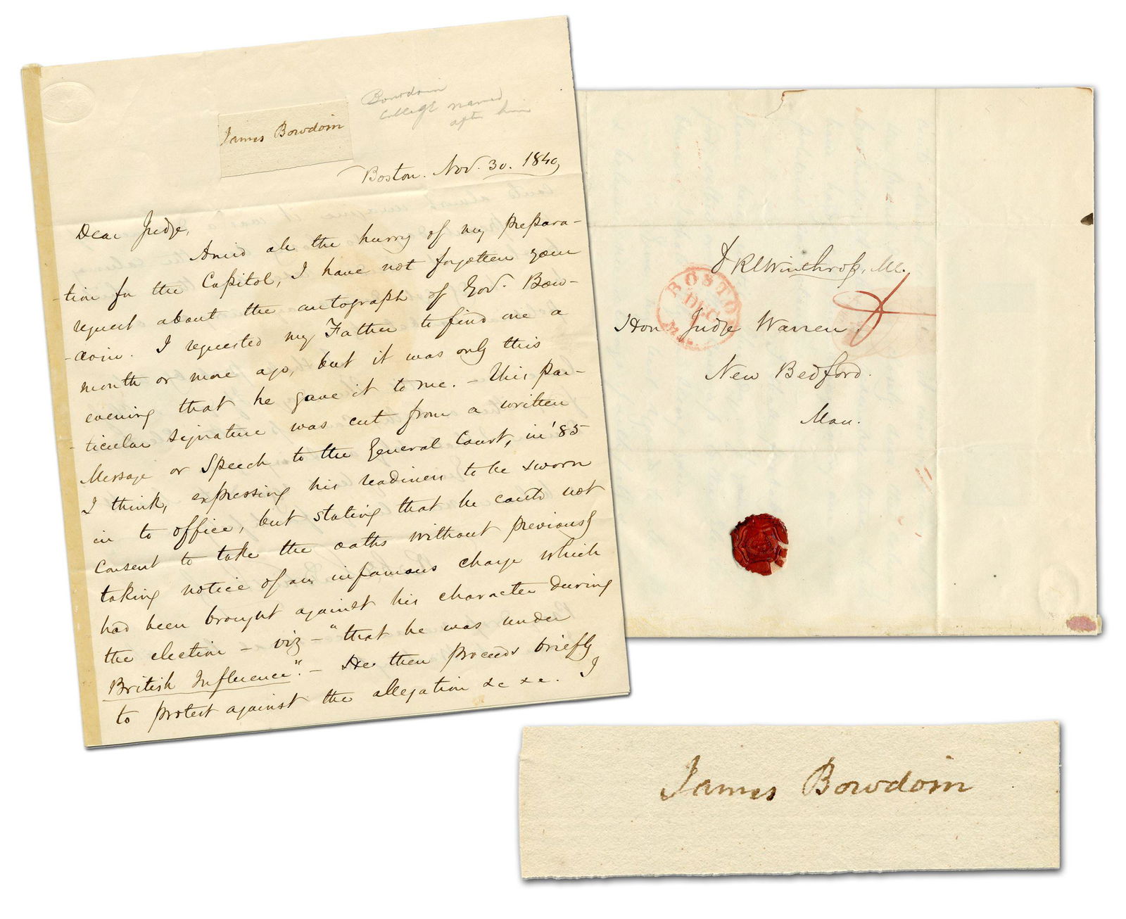 James Bowdoin, Namesake of College, Signature Clip as Incoming Governor of Massachusetts (1 of 6)