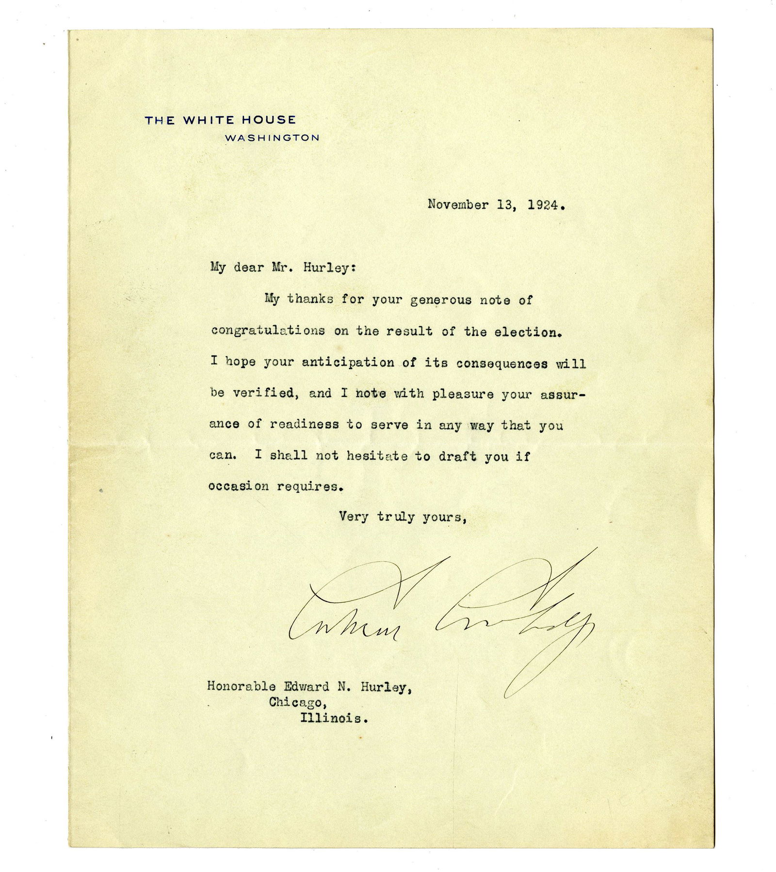 Calvin Coolidge TLS Following His Reelection to a Full Term Presidency (1 of 2)