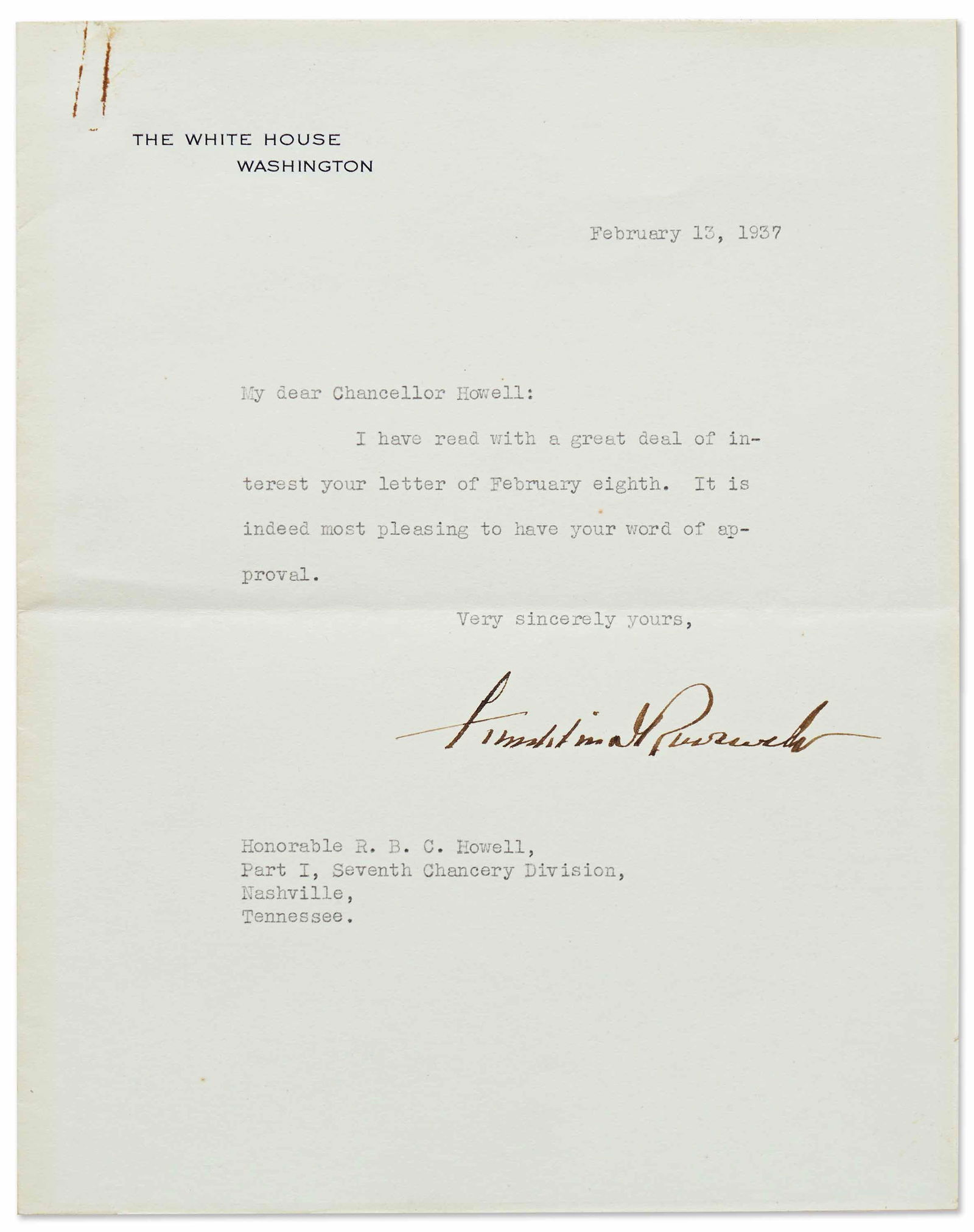 F.D. Roosevelt TLS on W.H. Stationery Likely Re: Supreme Court Packing (1 of 2)