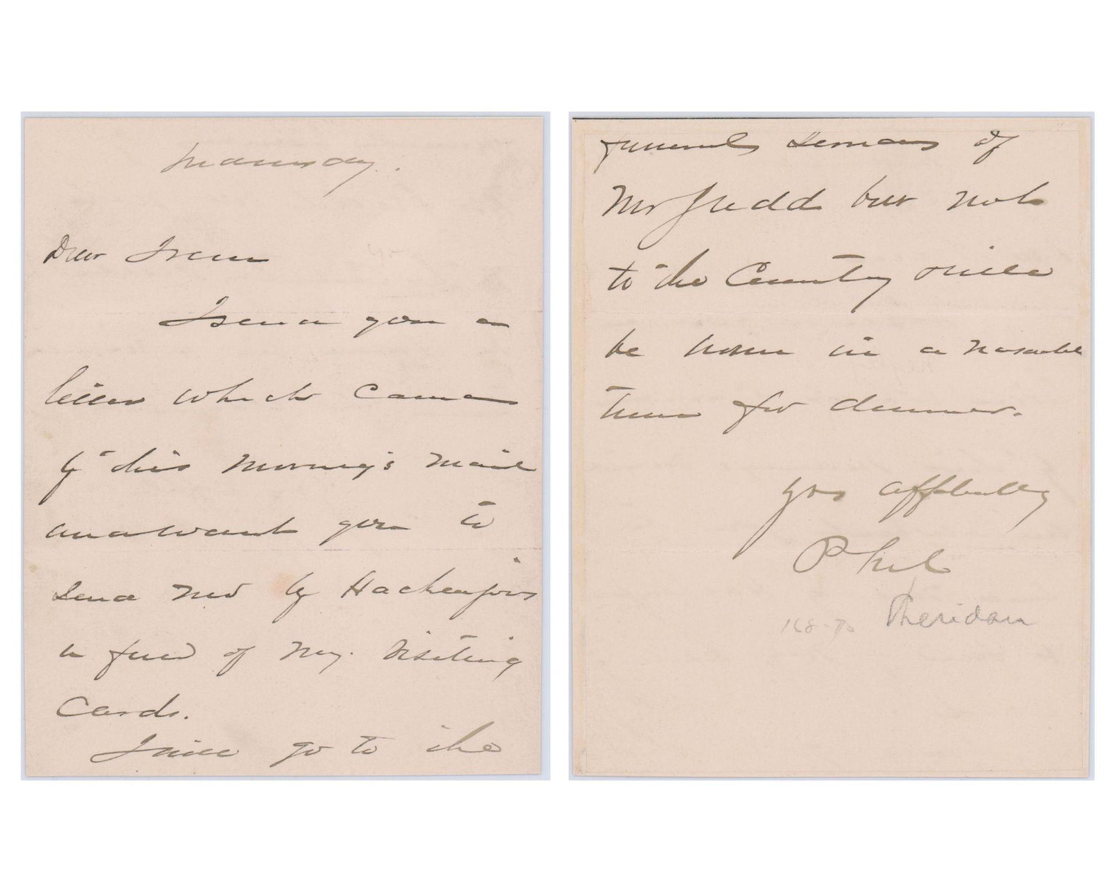 Philip Sheridan Interesting ALS: Philip Sheridan Interesting ALS 1p, ALS, 5” x 6.25”, Boldly signed by Philip Sheridan as "Phil." In part: "I will go to the funeral services of Mr. Judd but not to the cemetery and will be