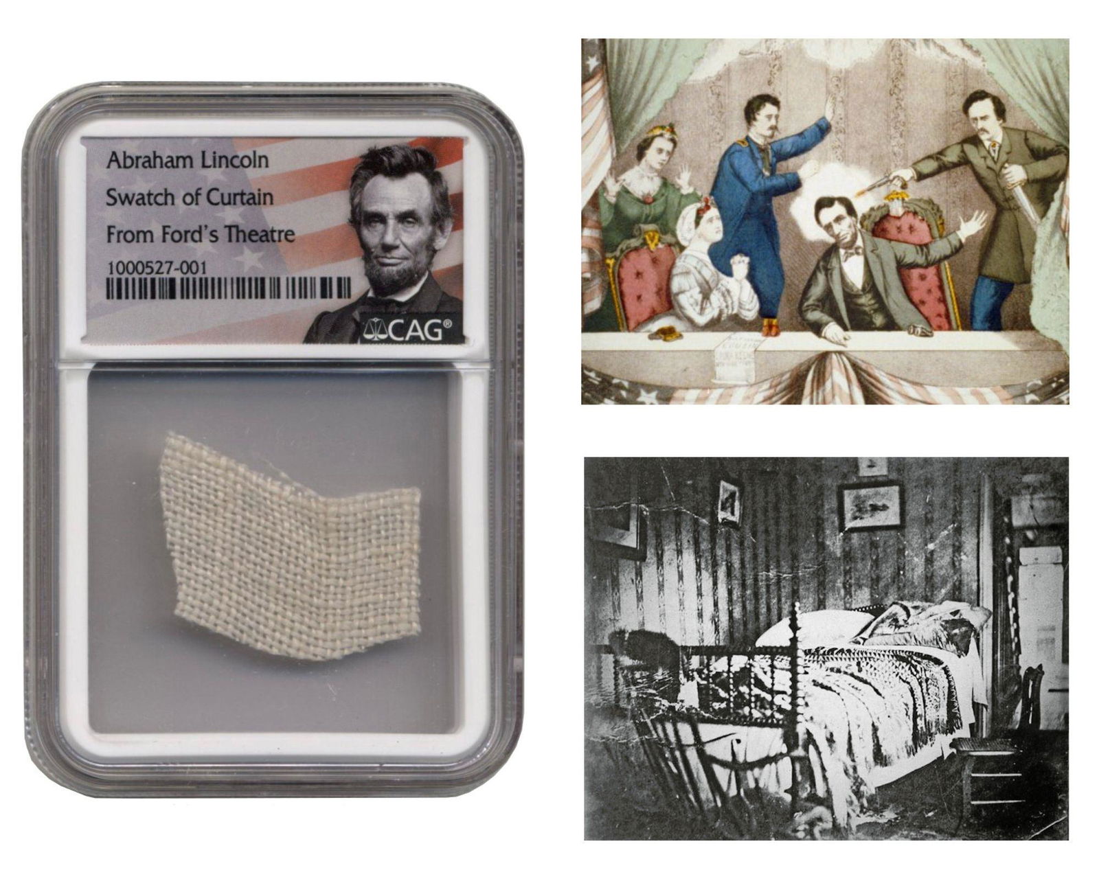 Lincoln Curtain Swatch from Ford's Theatre Night of Assassination, CAG Encapsulated: Lincoln Curtain Swatch from Ford's Theatre Night of Assassination, CAG Encapsulated Swatch, 1.25" x 1", excised from a linen tablecloth recycled from the painted curtain that hung in Ford's Theatre th
