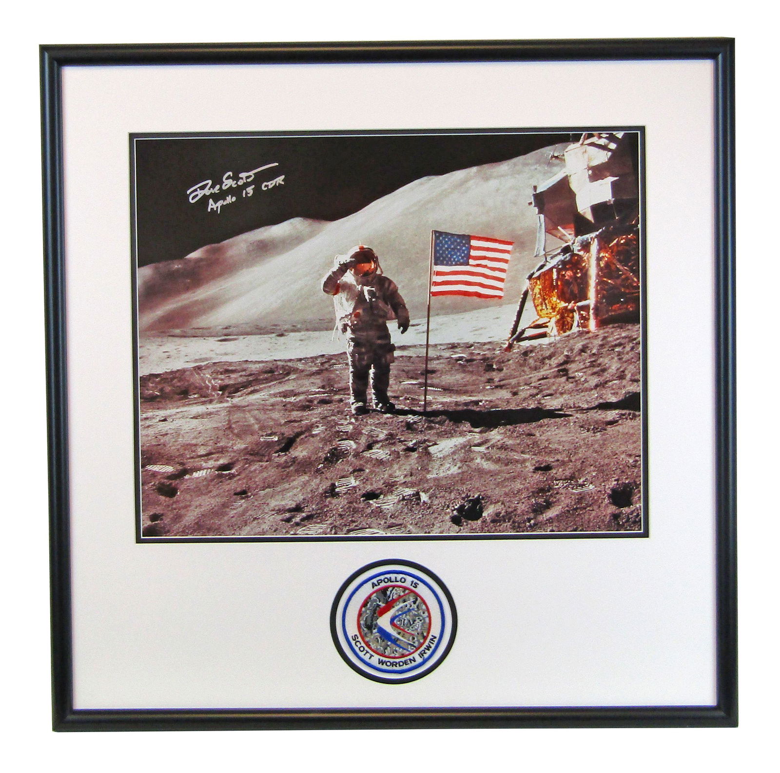 David Scott Signed Apollo XV Mission Photo, Large & Handsomely Presented: David Scott Signed Apollo XV Mission Photo, Large & Handsomely Presented A large color photograph reprinted from an Apollo XV mission original, boldly signed in silver felt tip pen in the upper le