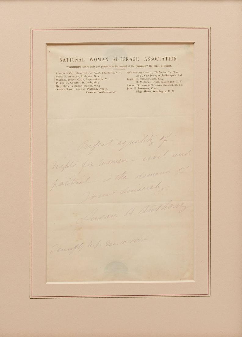 Susan B. Anthony Autograph Quote Signed, ''Perfect equality of rights for women...is the demand of (1 of 3)