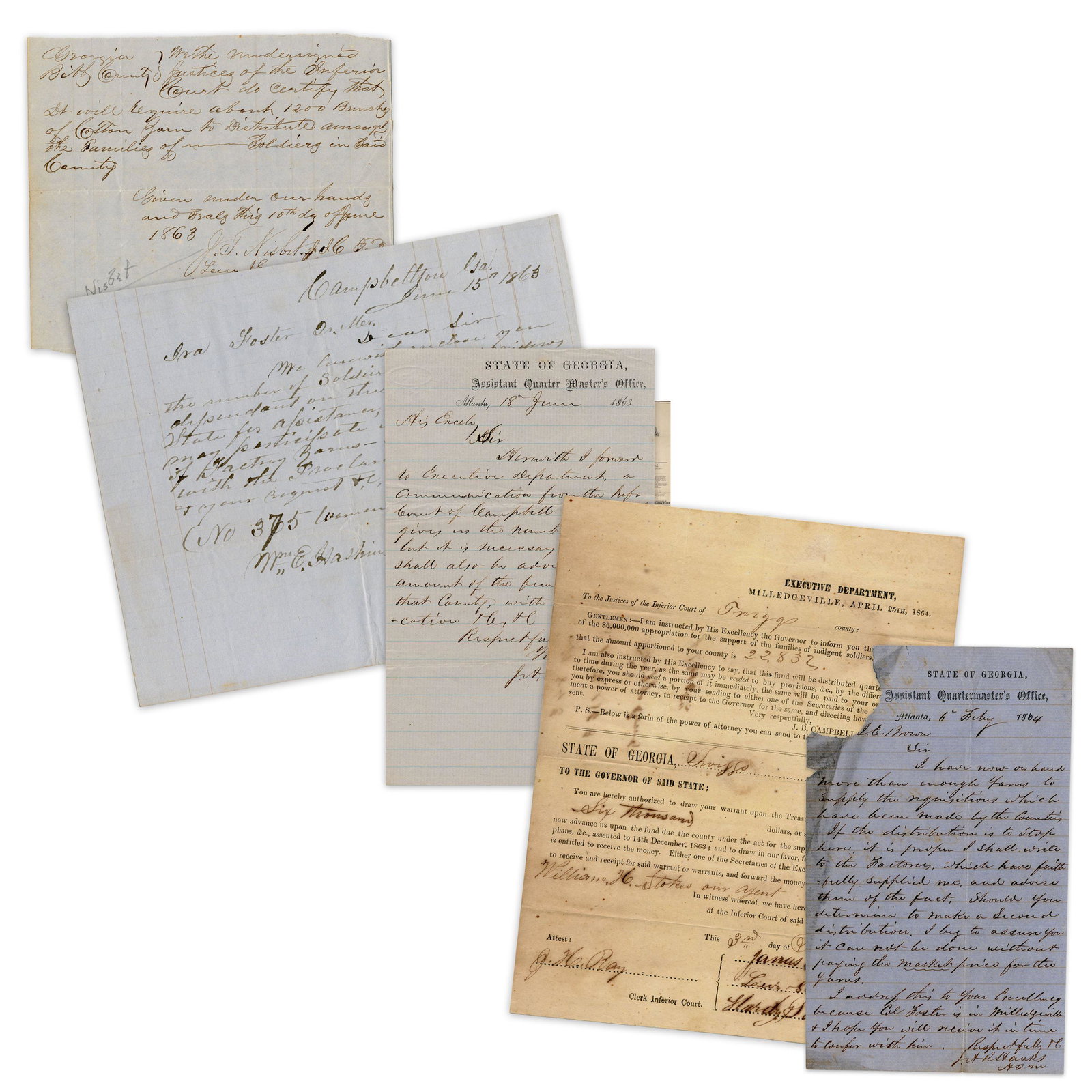 5 Confederate Docs Re: Georgia State Aid for Indigent Families (1 of 9)