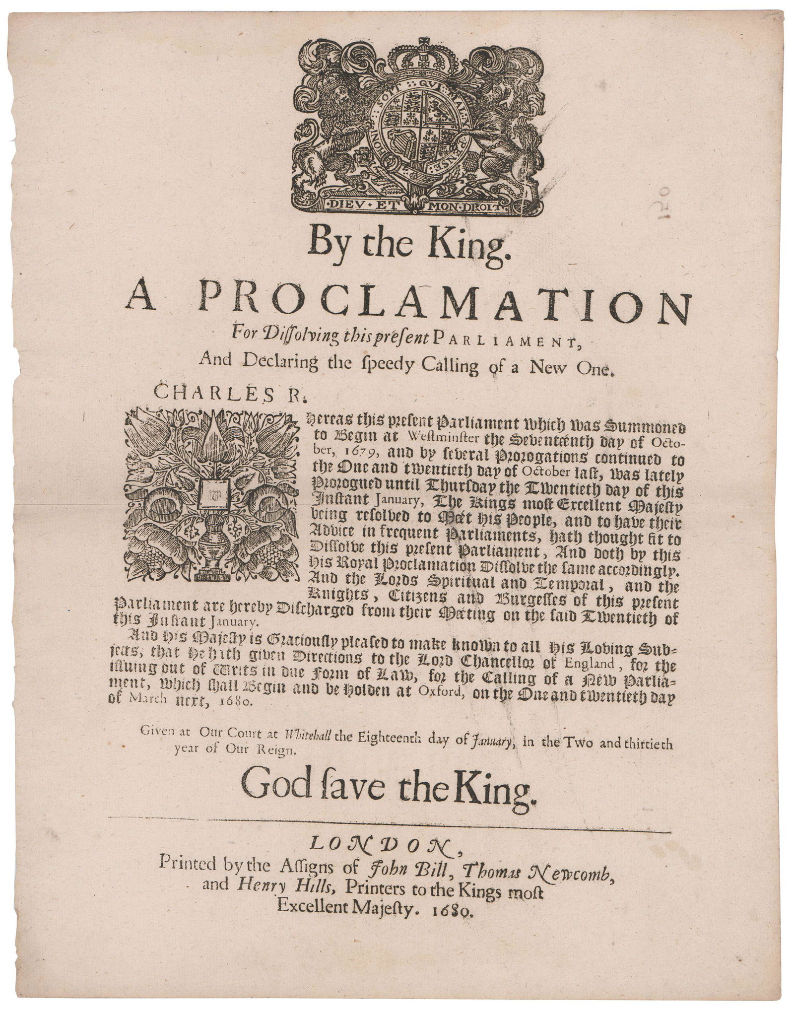 Magnificent Charles II Broadside Dissolving Parliament During the Anti-Catholic Succession Crisis (1 of 3)
