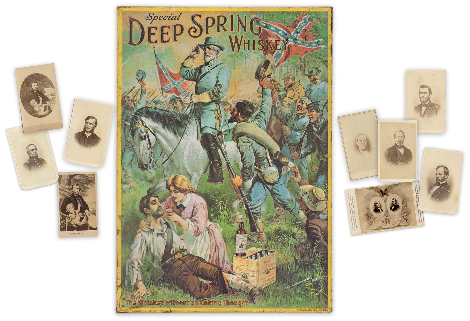 Robert E. Lee Souvenir Advertisement, Along With 9 Mostly Civil War CDVs: Robert E. Lee Souvenir Advertisement, Along With 9 Mostly Civil War CDVs A Civil War-themed lot comprised of a souvenir liquor advertisement prominently featuring Confederate General Robert E. Lee; as