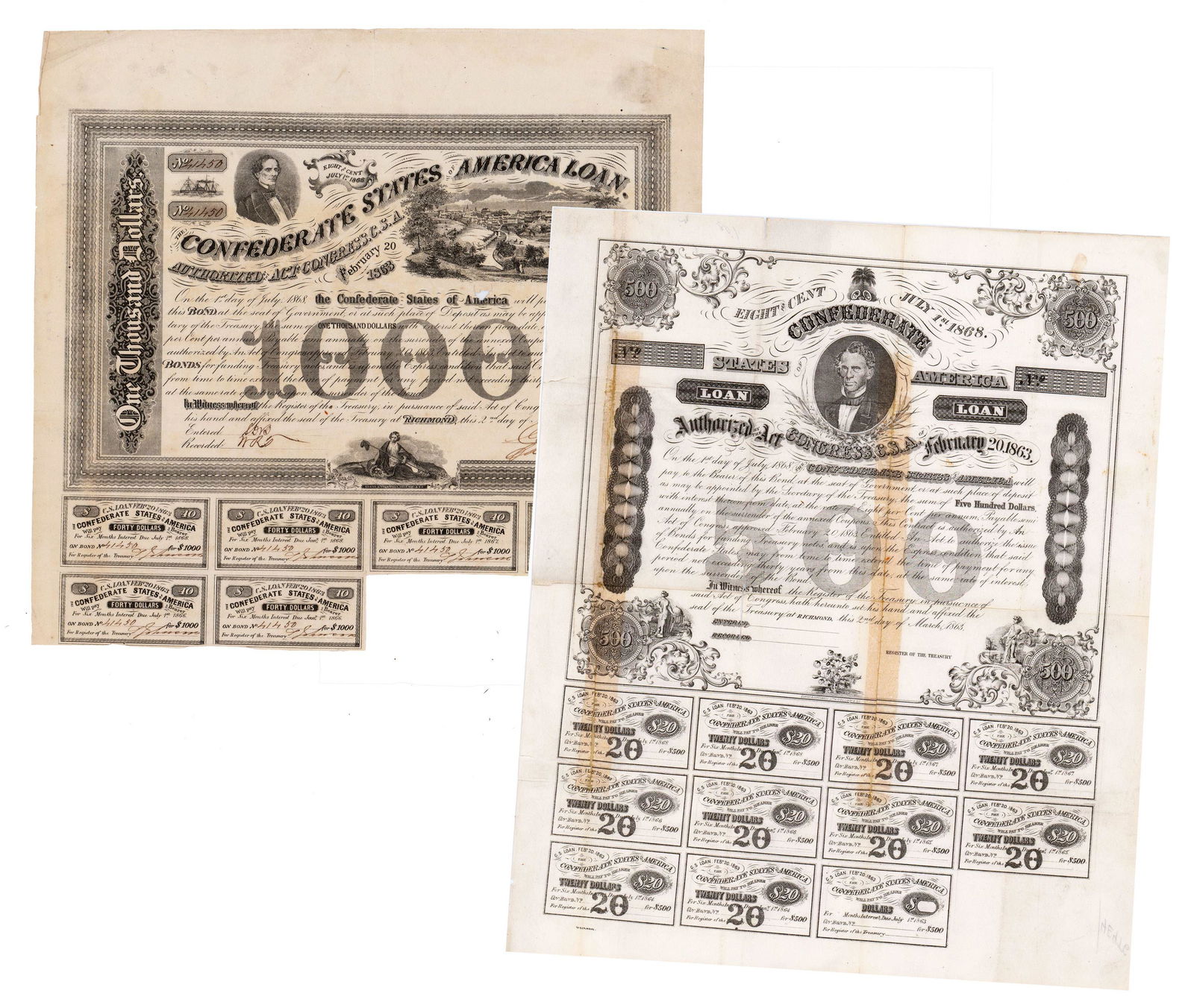 Two 1863 Confederate Loans, $500 and $1000. Very Attractive (1 of 5)
