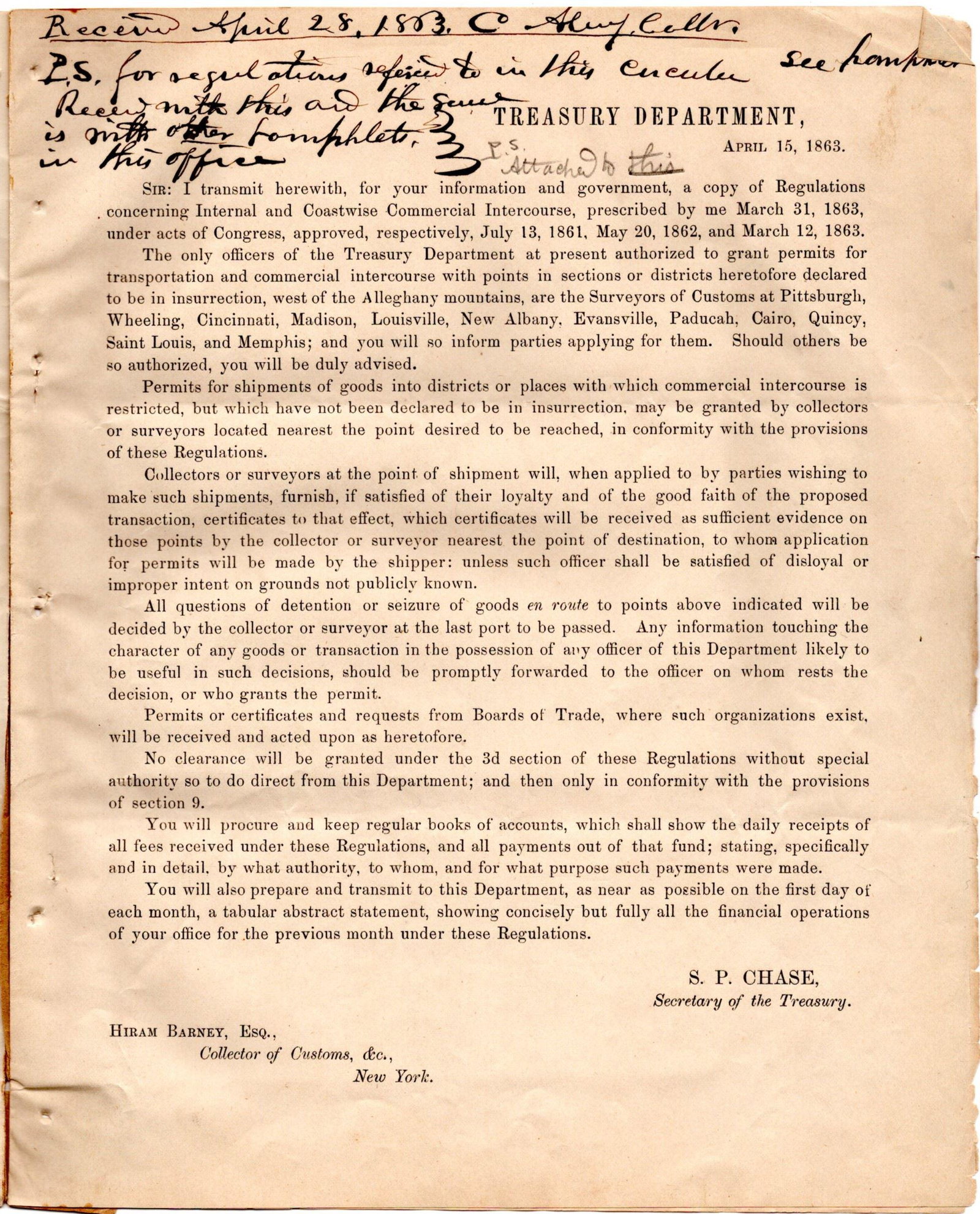 Treasury Department Instructs Massachusetts Collector of Customs (1 of 3)