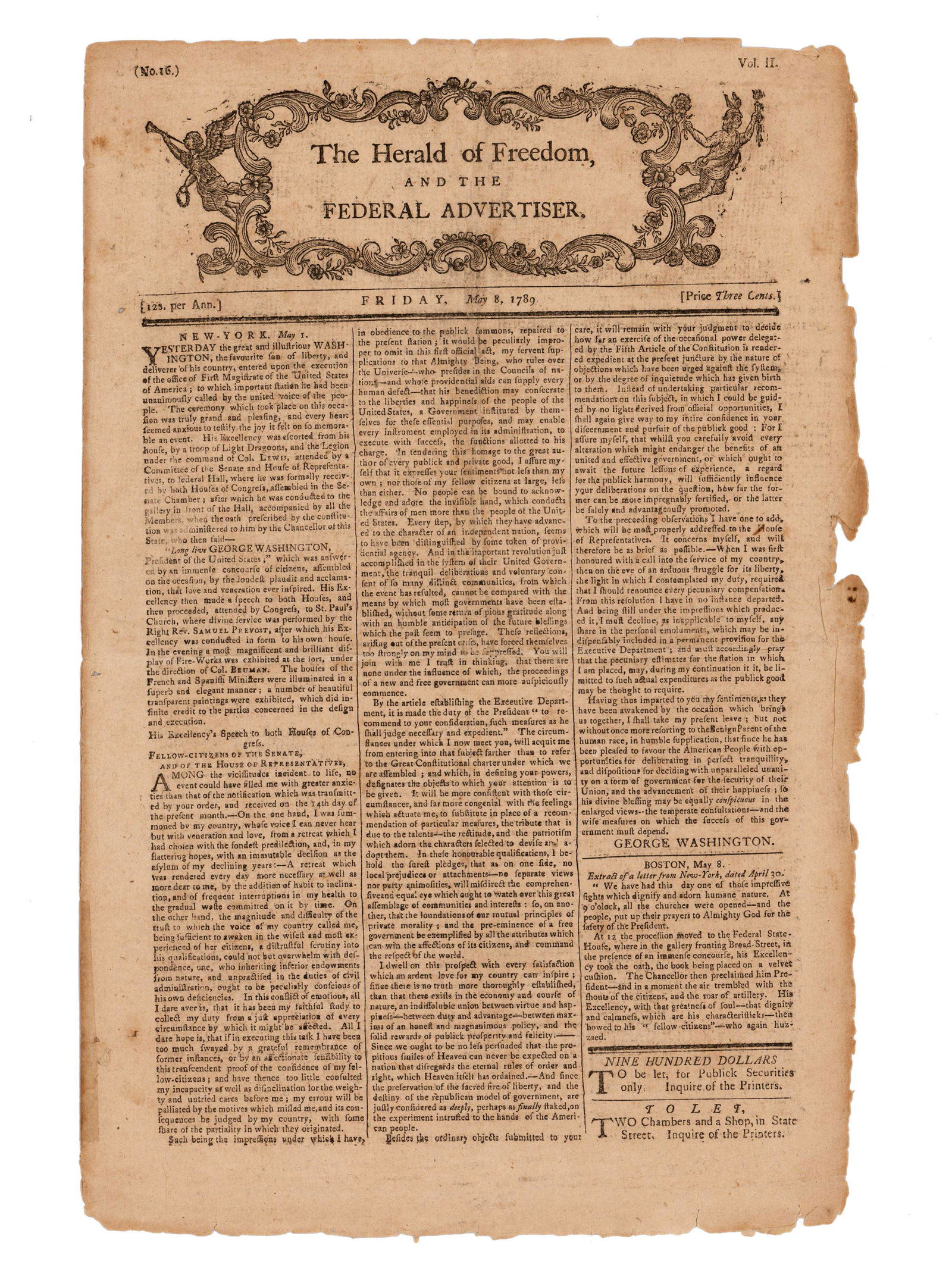 Rare 1789 Newspaper Containing News of Washington's Inauguration & Address: Rare 1789 Newspaper Containing News of Washington's Inauguration & Address An issue of "The Herald of Freedom and the Federal Advertiser", Vol. II, No. 16. Printed by Edmund Freeman and Loring And