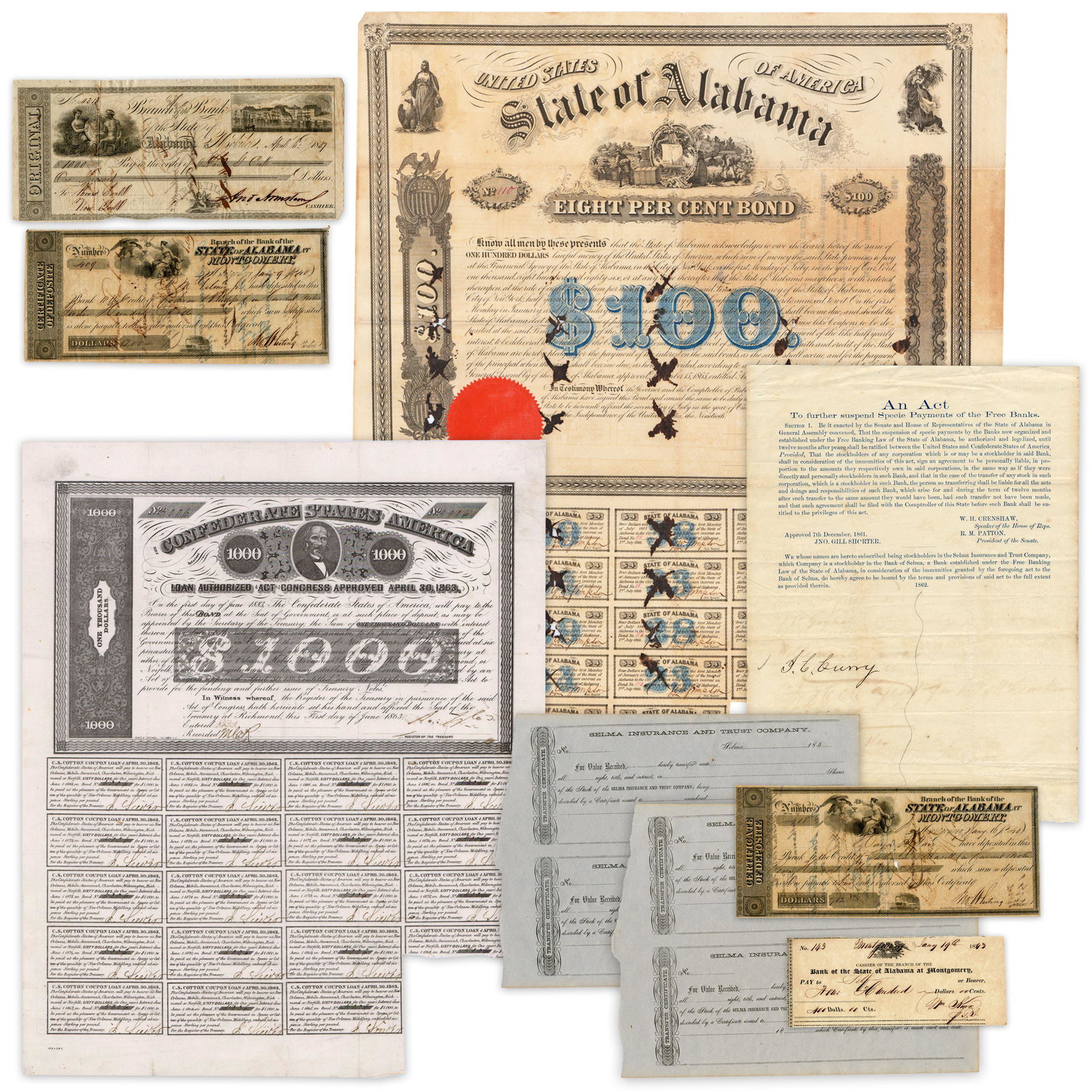 Southern Currency & Bonds, 9 Pcs, Many Alabama-Related (1 of 10)