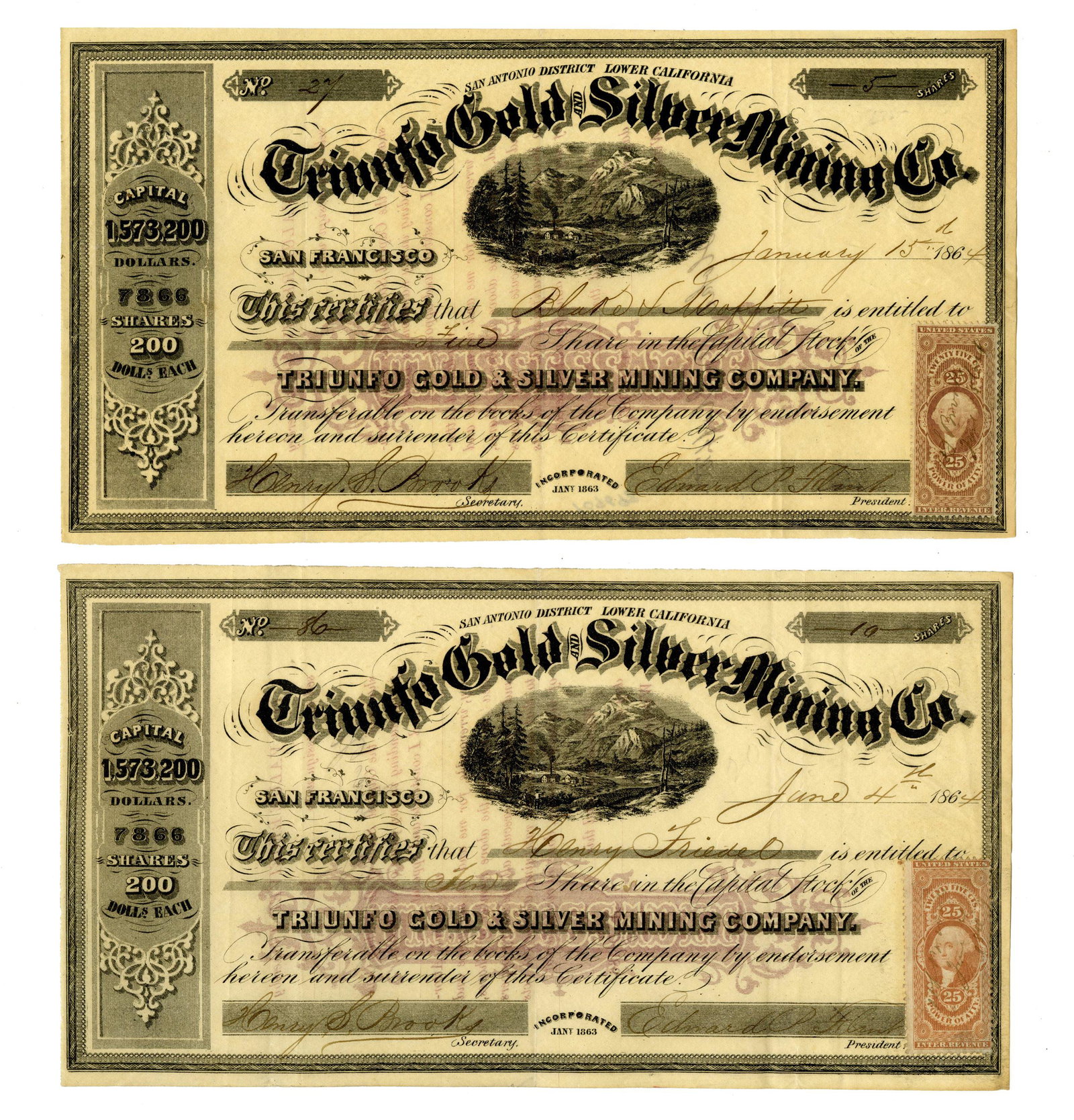 Two Civil War Dated Triunfo Gold & Silver Mining Co. Stock Certificates (1 of 5)