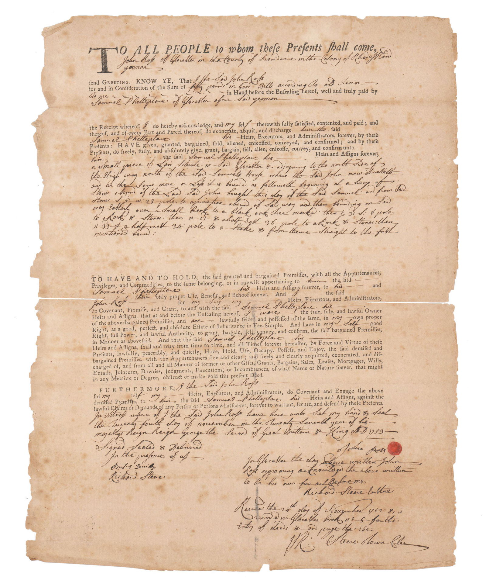 1753 Rhode Island Land Transfer Document (1 of 2)