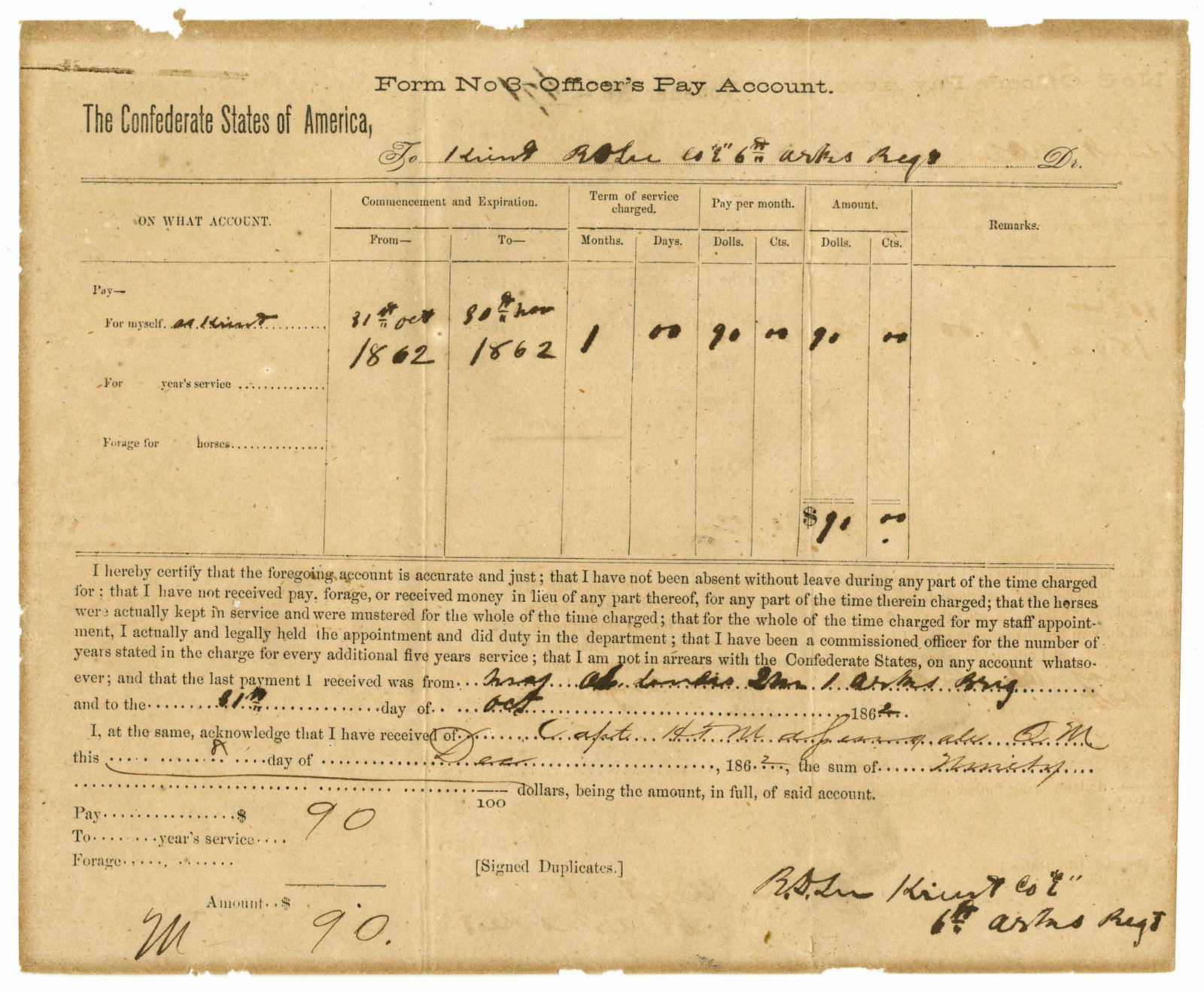 Rare 1862 Confederate Voucher From the 6th Arkansas Infantry (1 of 2)