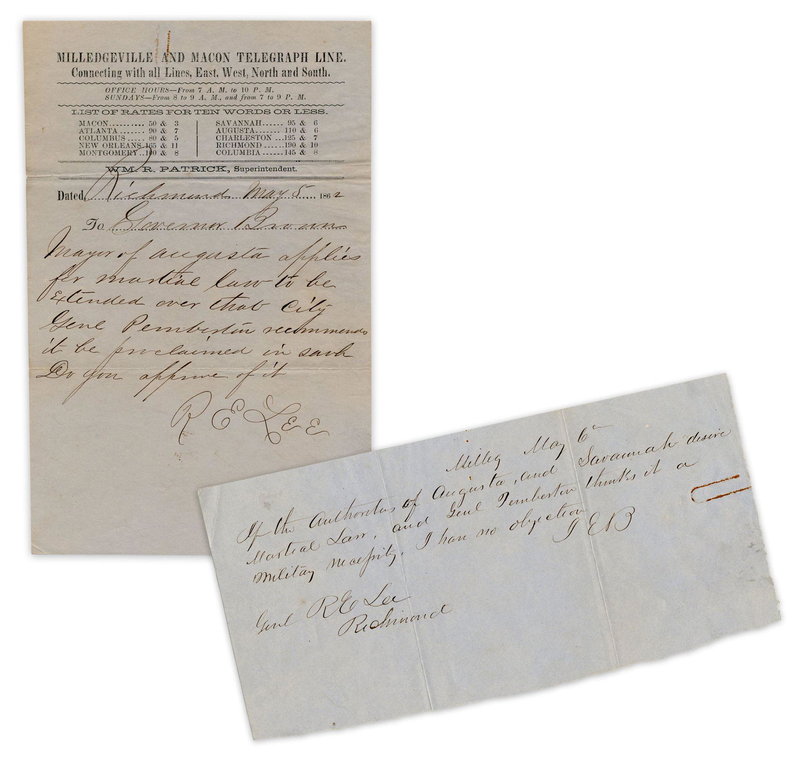 R.E. Lee & GA Gov J.E. Brown Secretarial Sigs on Civil War Dated Telegram Correspondence (1 of 3)