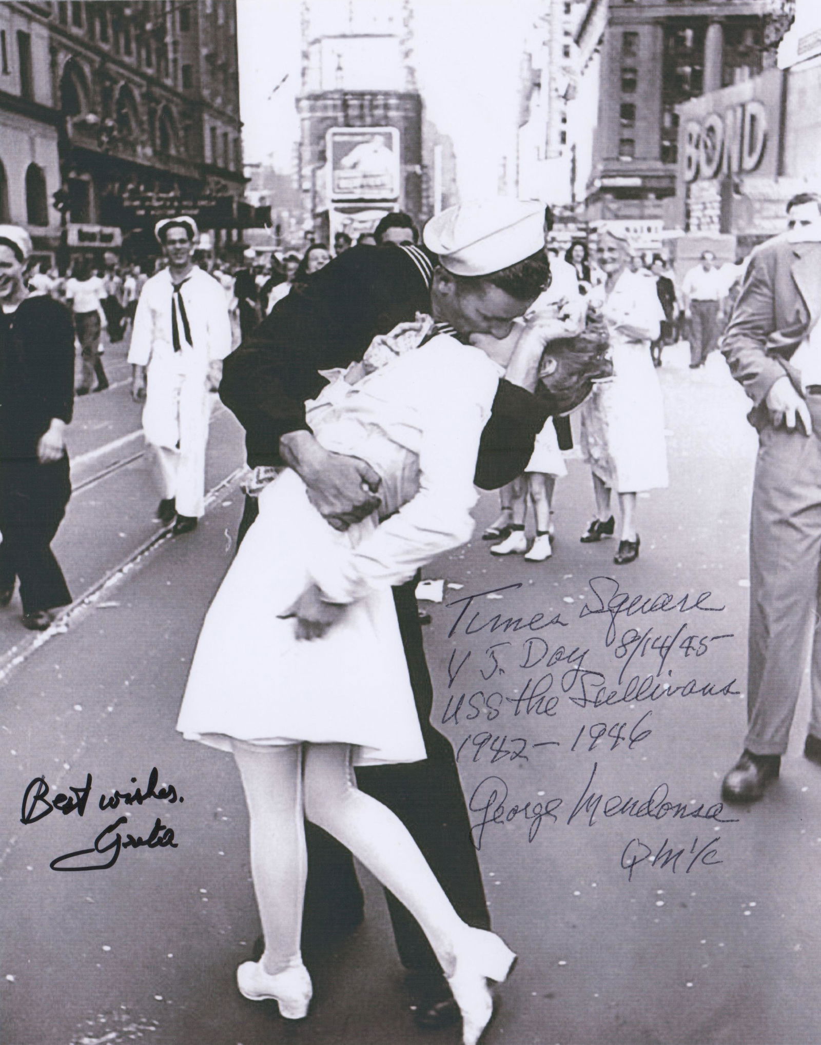 V-J Day "The Kiss" Photo Signed by George Mendonsa and Greta Friedman (1 of 3)
