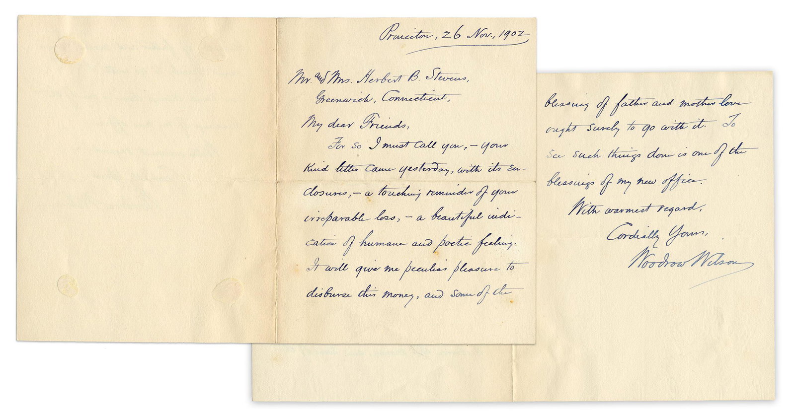 Rare Woodrow Wilson ALS On "Blessings of (His) New Office" as President of Princeton University (1 of 4)
