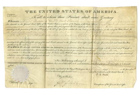 1826 John Quincy Adams Signed Grant For Lands Offered In Indiana: 1826 John Quincy Adams Signed Grant For Lands Offered In Indiana A land grant signed by John Quincy Adams. 1p of vellum, measuring 15.5" x 9.5", Washington, D.C., dated October 5, 1826. Certificate