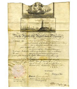 J.Q. Adams Signed Scalloped Ships Papers for Father of Epes Sargent VI: J.Q. Adams Signed Scalloped Ships Papers for Father of Epes Sargent VI A ship's passport signed by President John Quincy Adams "J.Q. Adams" and countersigned by U.S. Secretary of State Henry Clay "H.