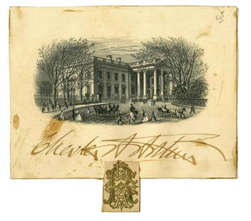 Chester A. Arthur Signed Engraving, Very Attractive: Chester A. Arthur Signed Engraving, Very Attractive Handsome engraving depicting the façade of the White House with figures in horse-drawn carriages and walking in the foreground, boldly signed