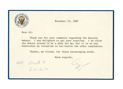 George H. W. Bush TLS Announcing His Run for President: George H. W. Bush TLS Announcing His Run for President41st U.S. President George H. W. Bush (1924-2018) typed letter signed, "George", 1p, on his blue-bordered vice presidential correspondence card