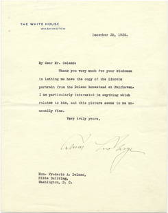 Calvin Coolidge TLS On Lincoln Portrait in Delano Homestead "I am particularly interested in: Calvin Coolidge TLS On Lincoln Portrait in Delano Homestead "I am particularly interested in anything which relates to (Lincoln)." Written to FDR's Uncle! TLS, dated December 30, 1925, Washington