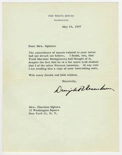 Eisenhower TLS as President On D-Day "Field Marshal Montgomery…the Other Norman Invasion": Eisenhower TLS as President On D-Day "Field Marshal Montgomery…the Other Norman Invasion"A 1p typed letter boldly signed by sitting 34th U.S. President Dwight D. Eisenhower (1890-1969), as