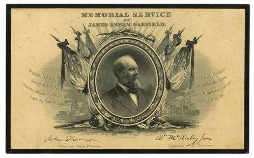 James A. Garfield Memorial Service Engraving, Ca. 1882: James A. Garfield Memorial Service Engraving, Ca. 1882 Engraving, measuring 9.75" x 6", n.d. [ca. 1882], Washington, D.C. A card printed on stiff board by the Bureau of Engraving entitled "Memorial