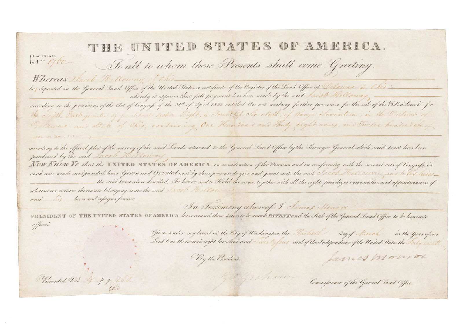 1824 James Monroe Signed Grant For Land In Ohio (1 of 3)