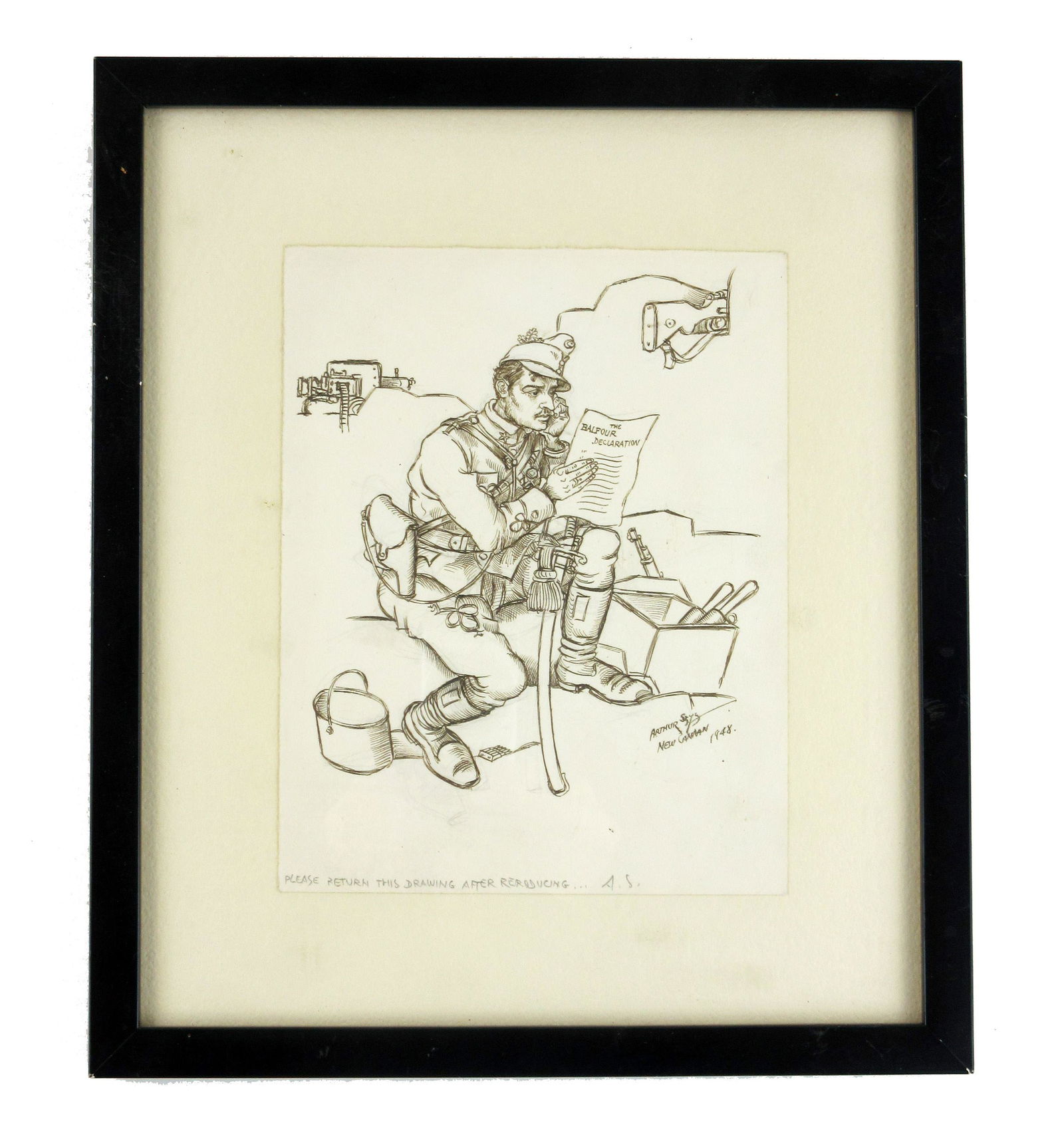 Arthur Szyk Original Ink & Pencil Sketch of WWI Soldier Reading The Balfour Declaration: Arthur Szyk Original Ink & Pencil Sketch of WWI Soldier Reading The Balfour Declaration An original ink and pencil drawing on paper by Polish-Jewish artist Arthur Szyk, entitled "The Balfour Decla