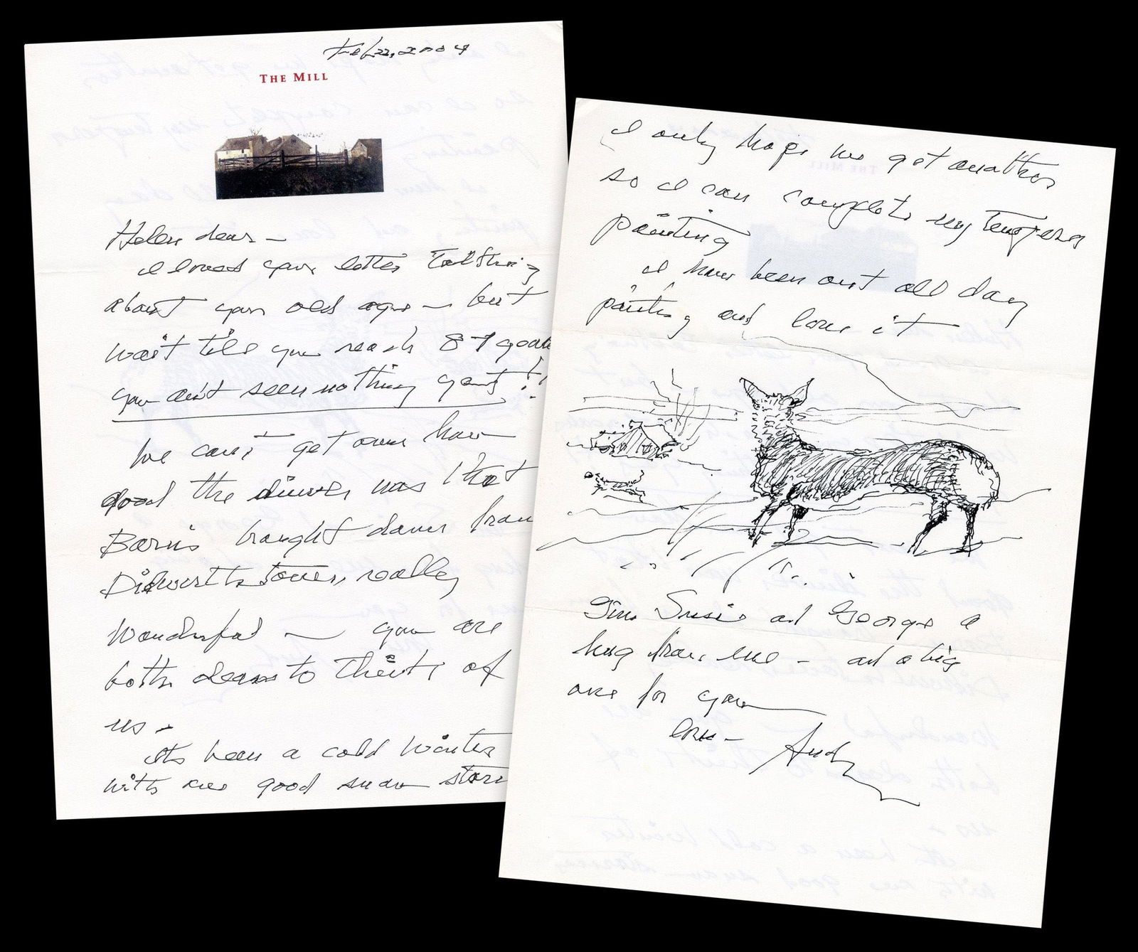 Andrew Wyeth ALS Featuring Fox Pen Sketch: "I have been out all day painting and love it" (1 of 7)