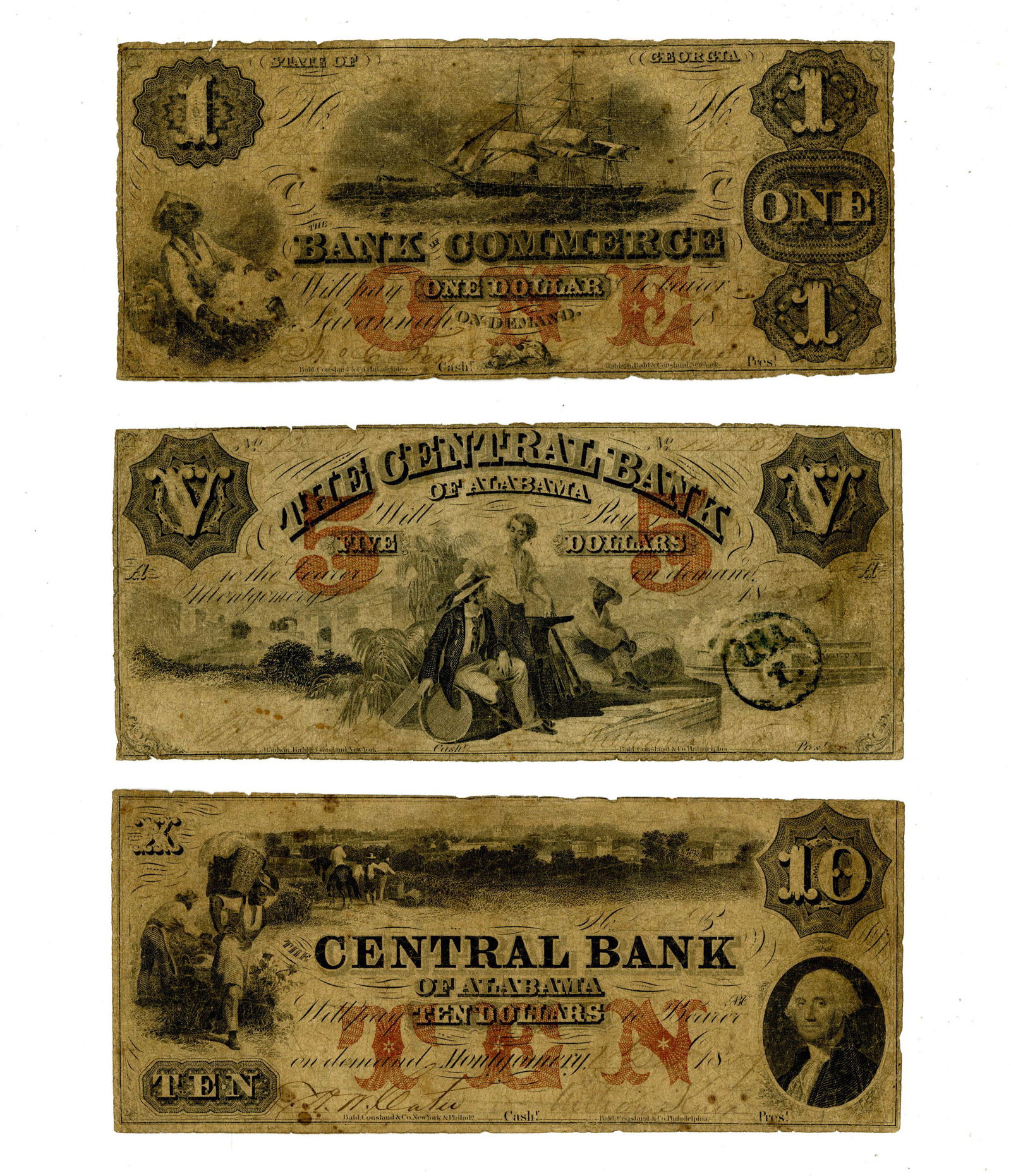 Group of Three Alabama Currency Notes, Pre-Civil War, Ft. Slave Imagery (1 of 4)