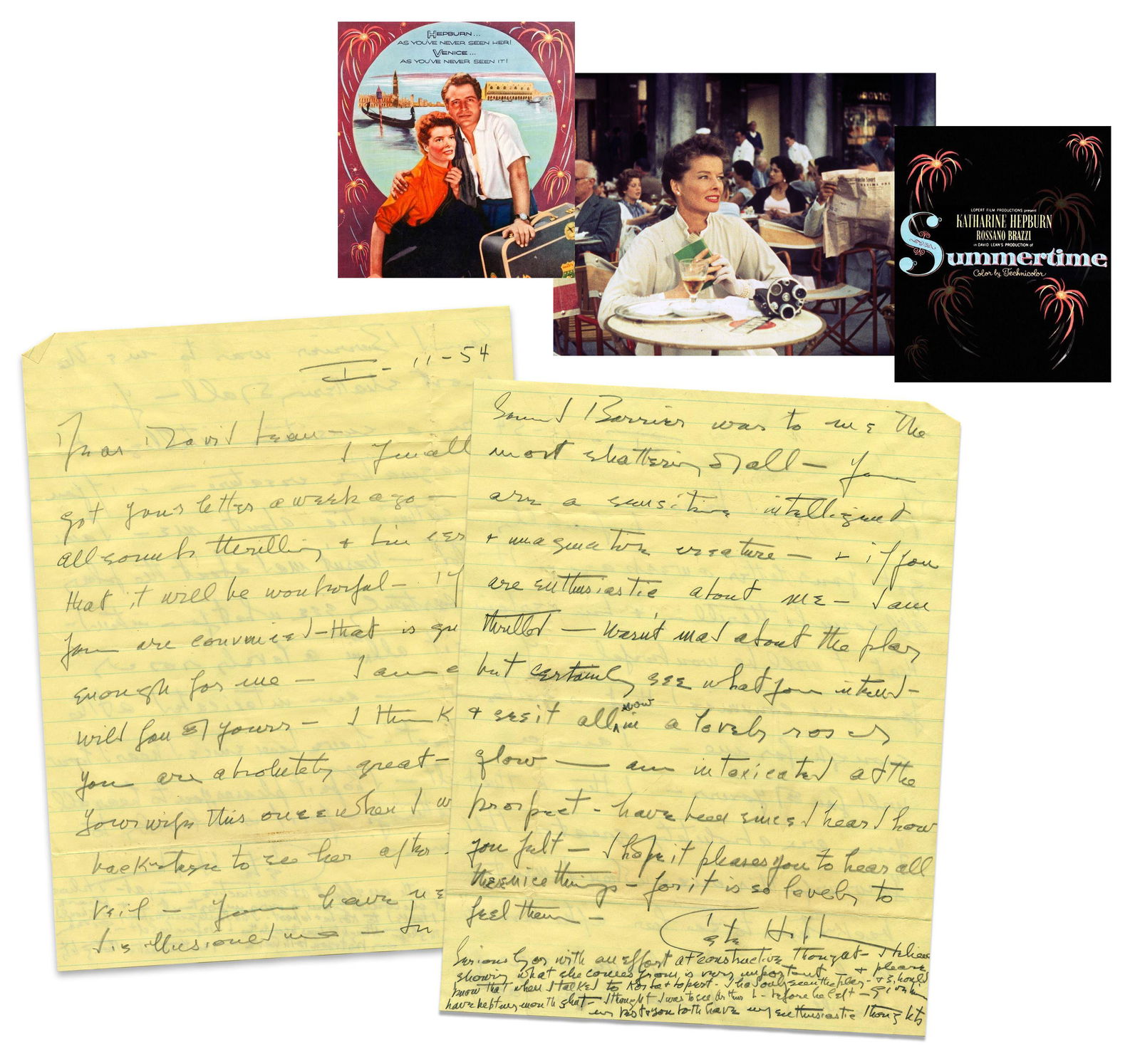 K. Hepburn ALS to David Lean Re: "Summertime" Casting: "If you are convinced - that is quite enough (1 of 4)