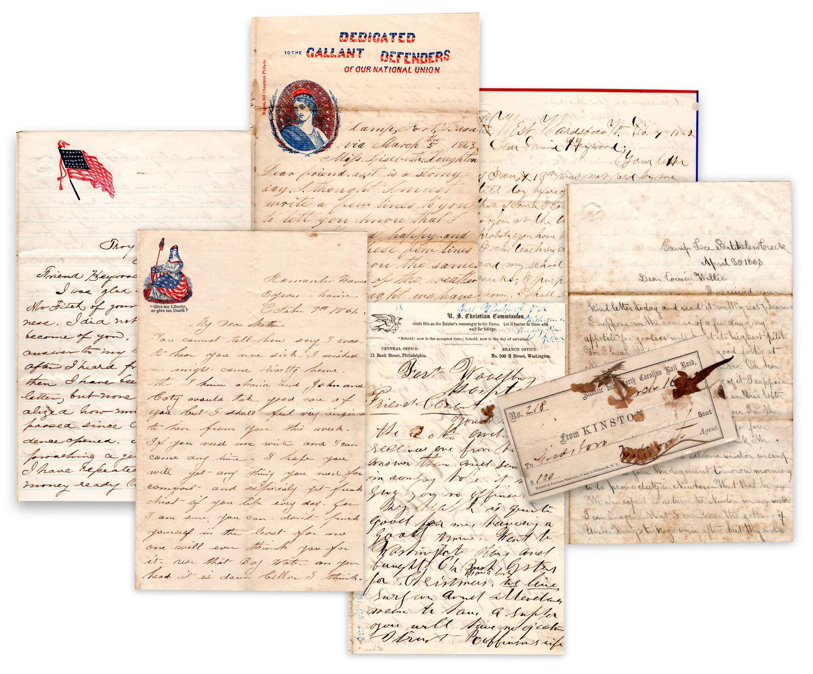 Civil War Letters 32pp from a Variety of Soldiers and Citizens on the Homefront on Patriotic: Civil War Letters 32pp from a Variety of Soldiers and Citizens on the Homefront on Patriotic Stationery This collection of 9 letters and a North Carolina railroad ticket capture the variety of experie