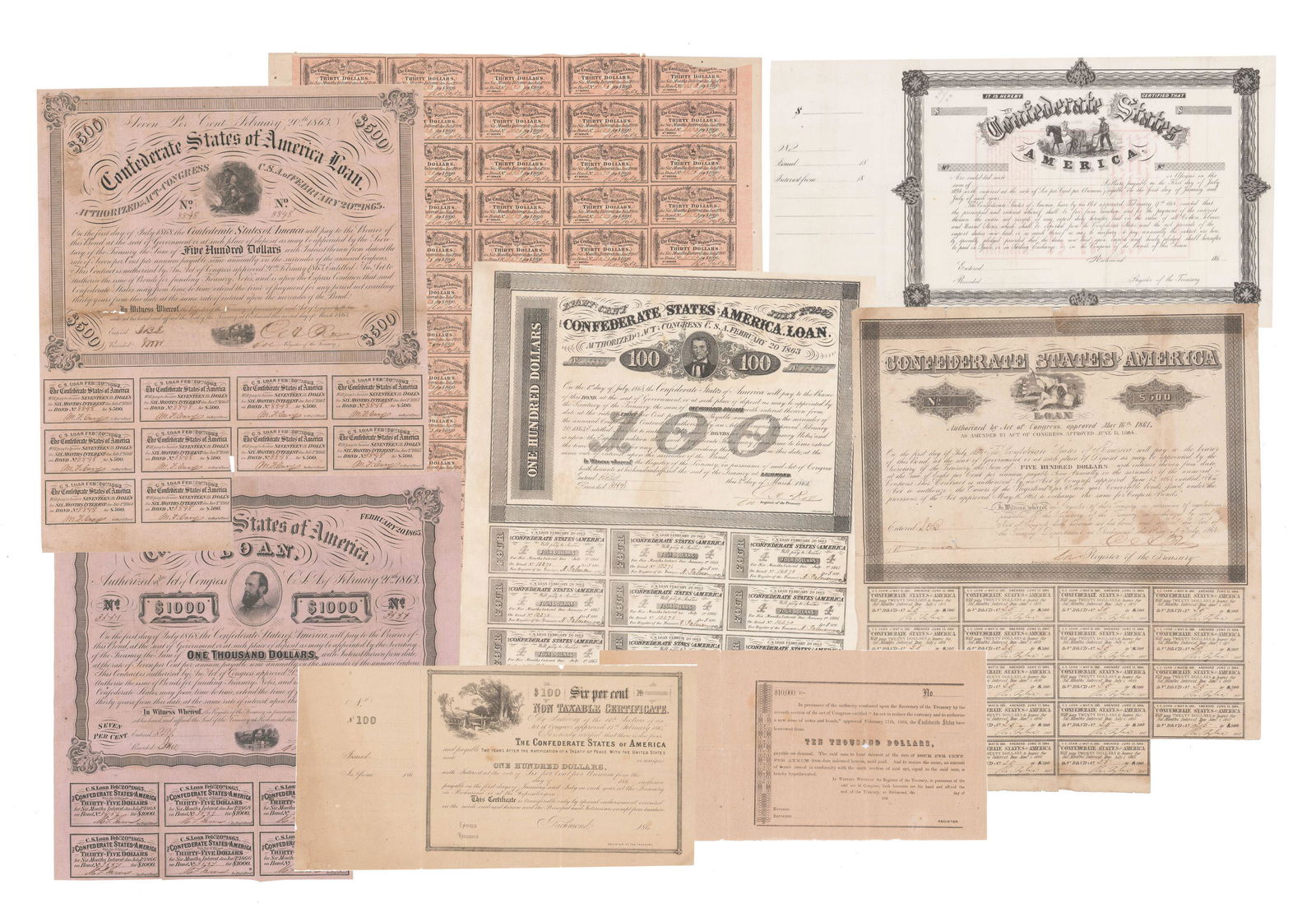 Eight CSA Loan Bonds Issued During the Civil War & Ft. Slave Imagery (1 of 8)