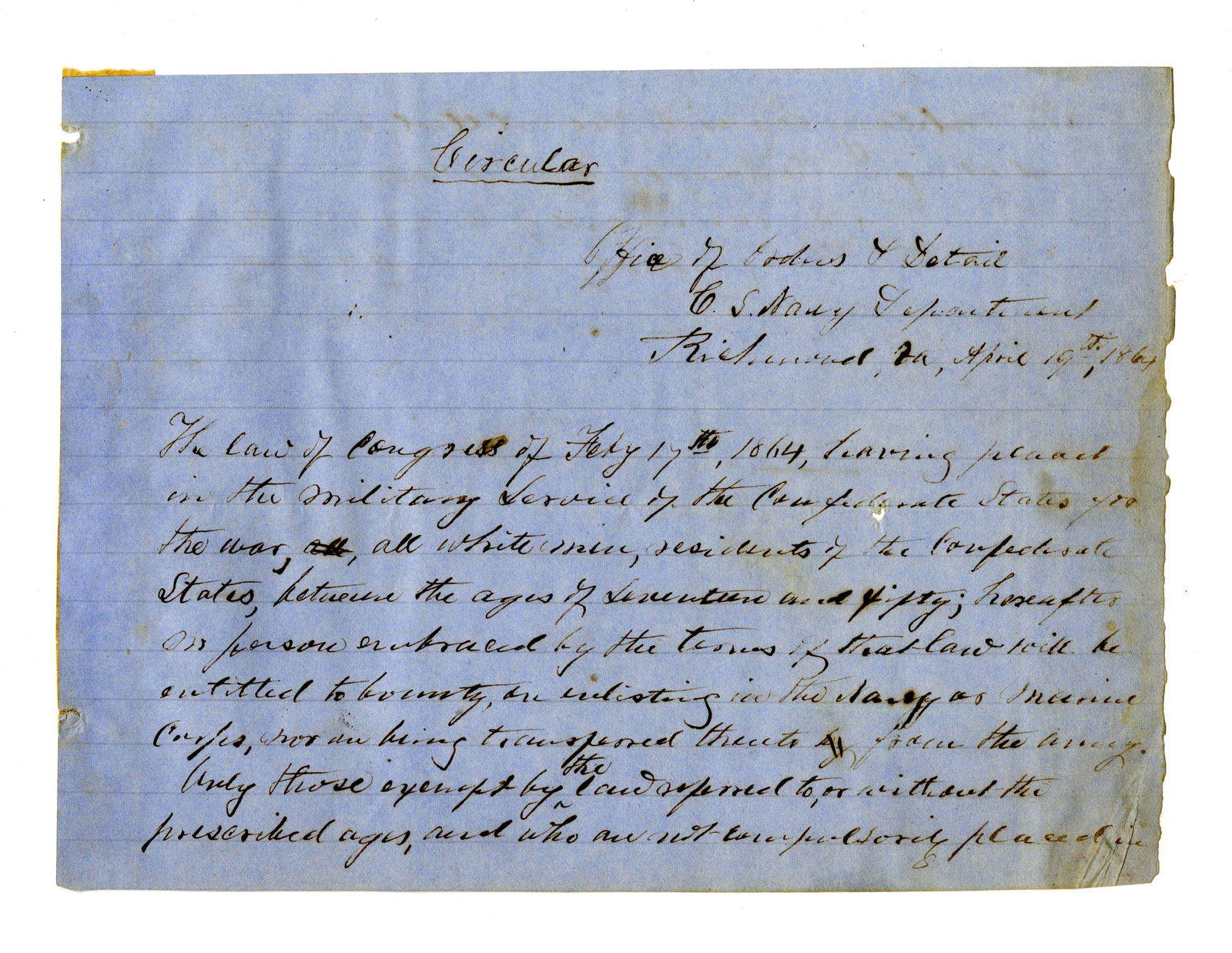 1864 Confederate Circular Calling for "All White Men" to Enlist (1 of 2)