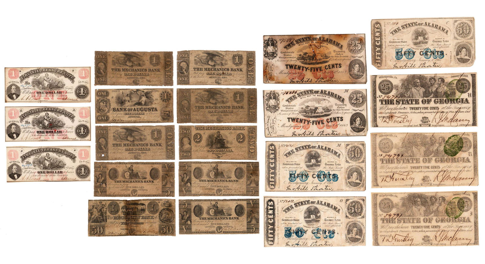 Group of 21 CSA Currency Notes from Virginia, Georgia, and Alabama (1 of 3)