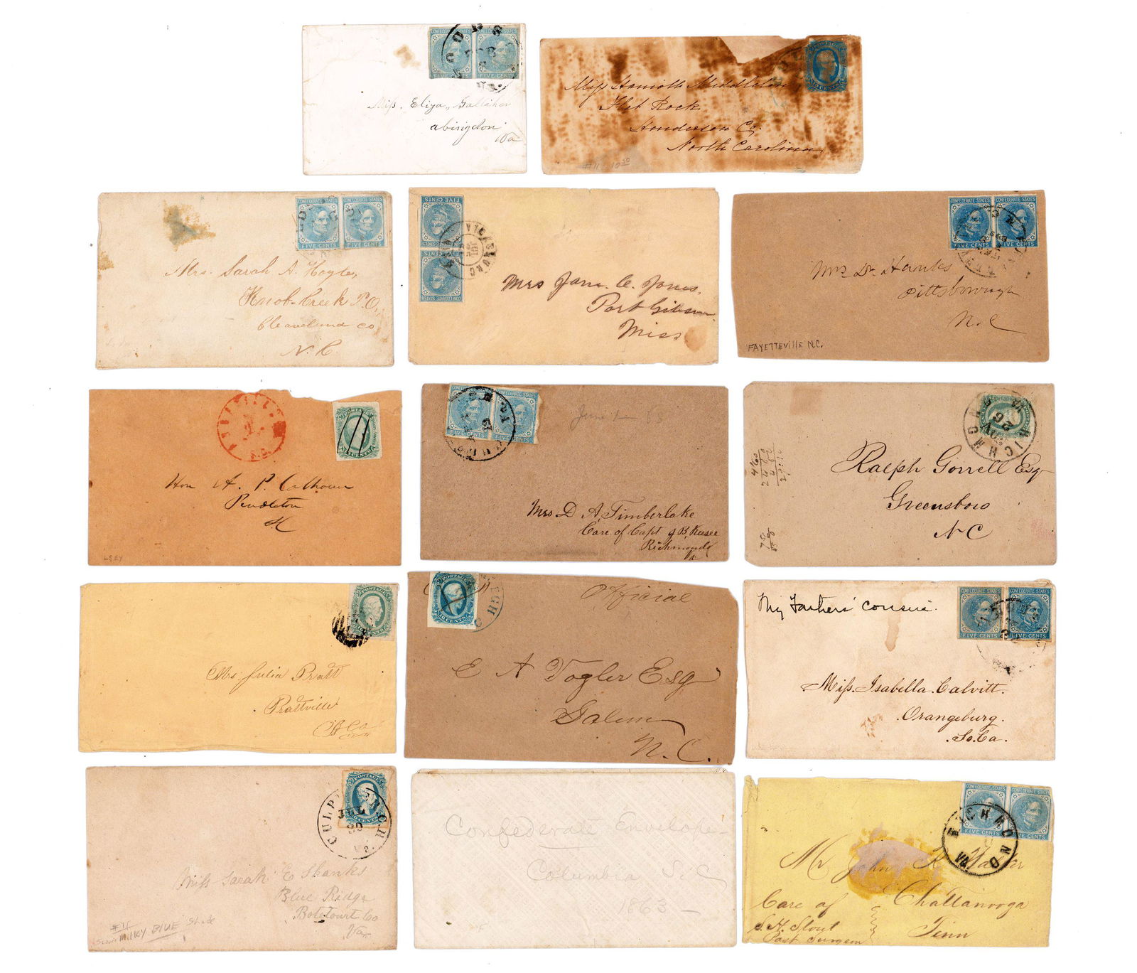 14 Southern Transmittal Covers with 20 Total Jefferson Davis Stamps (1 of 2)