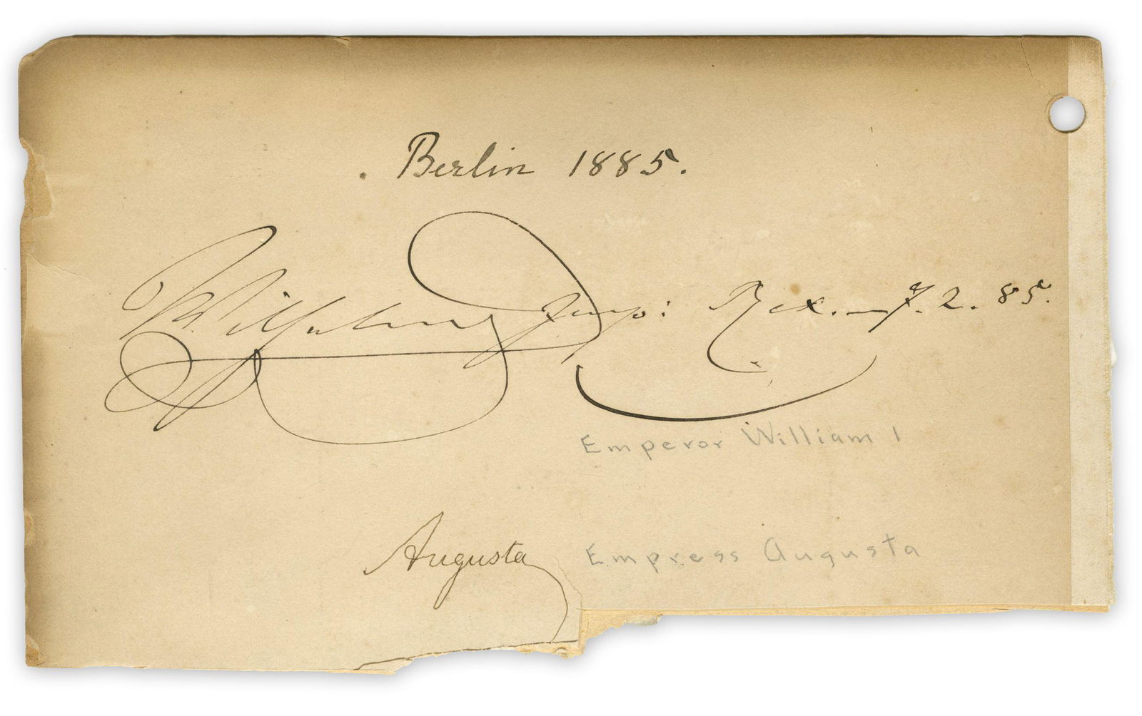 Kaiser Wilhelm I & Empress Augusta Dual Signed Page, Ca. 1885 (1 of 2)