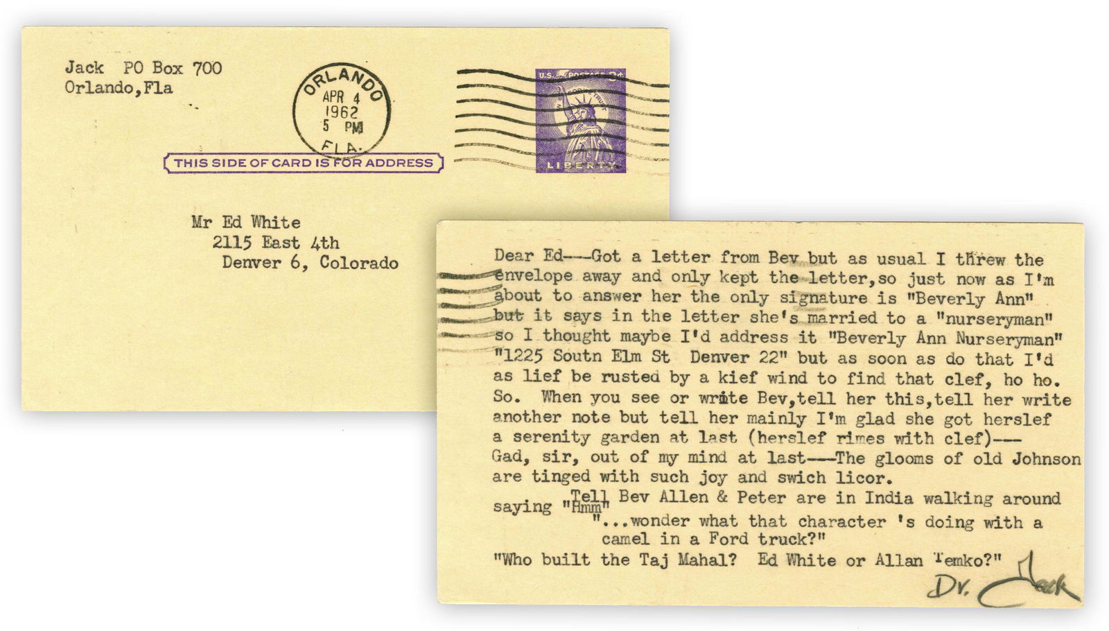 Kerouac TLS w/ "On the Road" Content Re: Bev Buford, Model for Babe Rawlins (1 of 3)