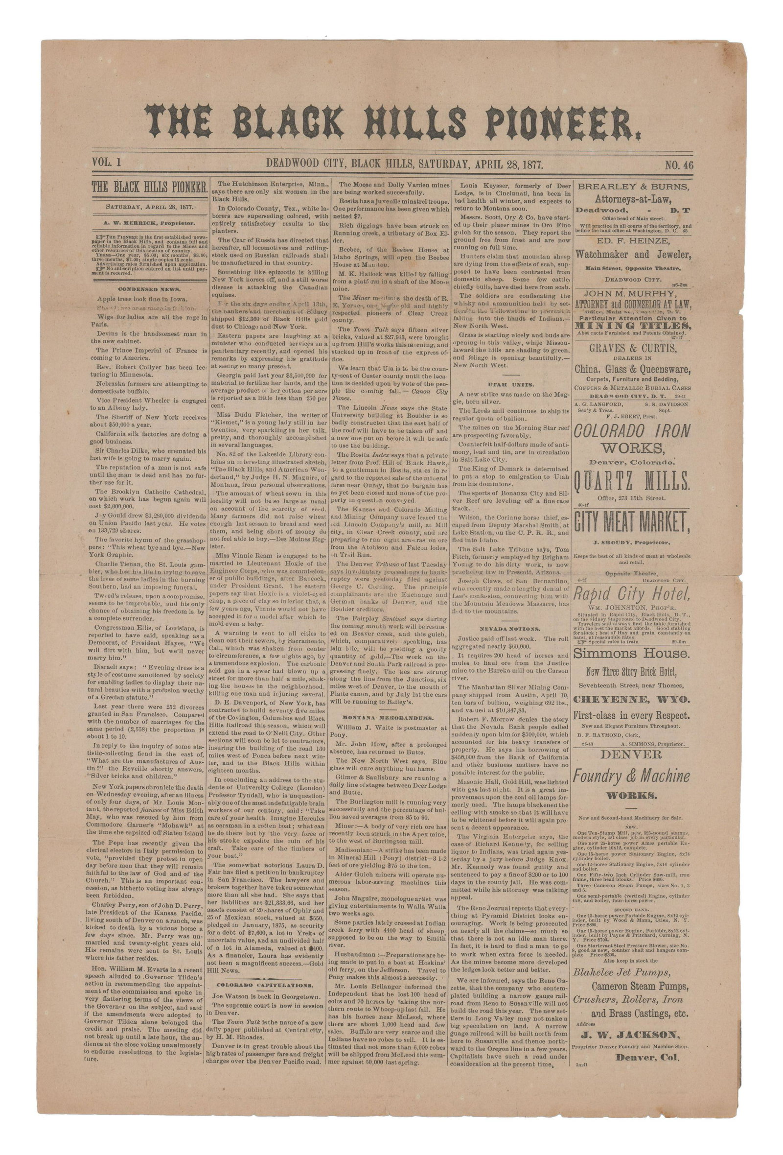 News from Deadwood, Dakota Territory 1877 (1 of 4)