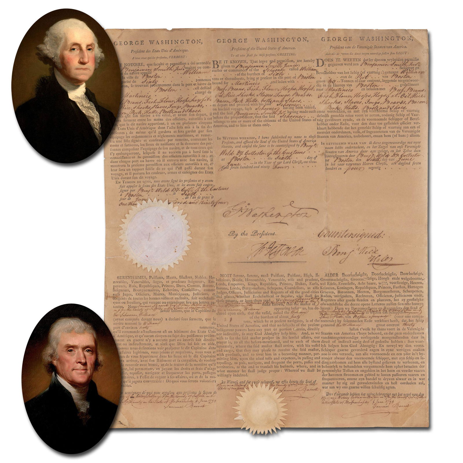 Washington & Jefferson 3 Lang. Ship's Papers, Finest We Have Seen, Enormous Bold Signatures (1 of 5)