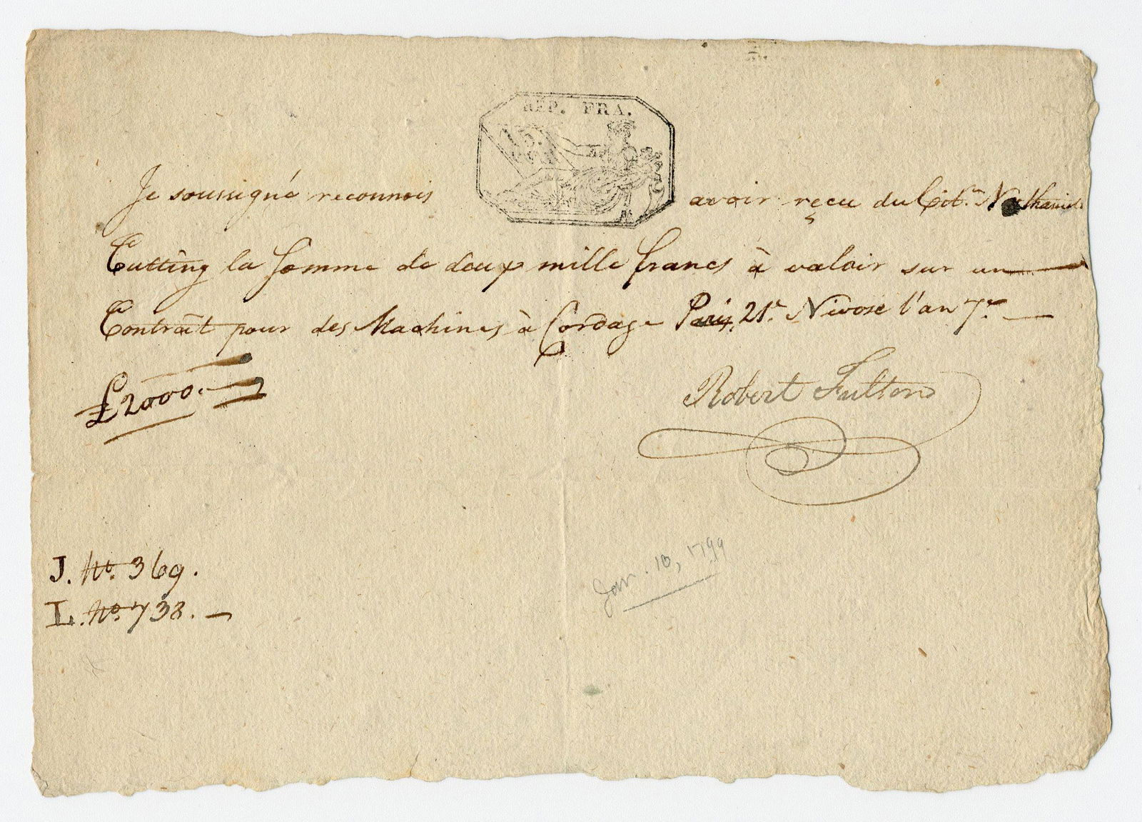 Robert Fulton DS Re: Cordage Machinery & Ex-Business Partner/Mortal Enemy: Robert Fulton DS Re: Cordage Machinery & Ex-Business Partner/Mortal Enemy A 1p document in French boldly signed by American expatriate inventor Robert Fulton (1765-1815) as "Robert Fulton" near ri