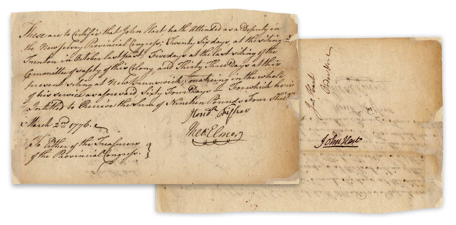 John Hart DS Re: 1776 NJ Provincial Congress Duty 4 Months Before Declaration of Independence (1 of 4)