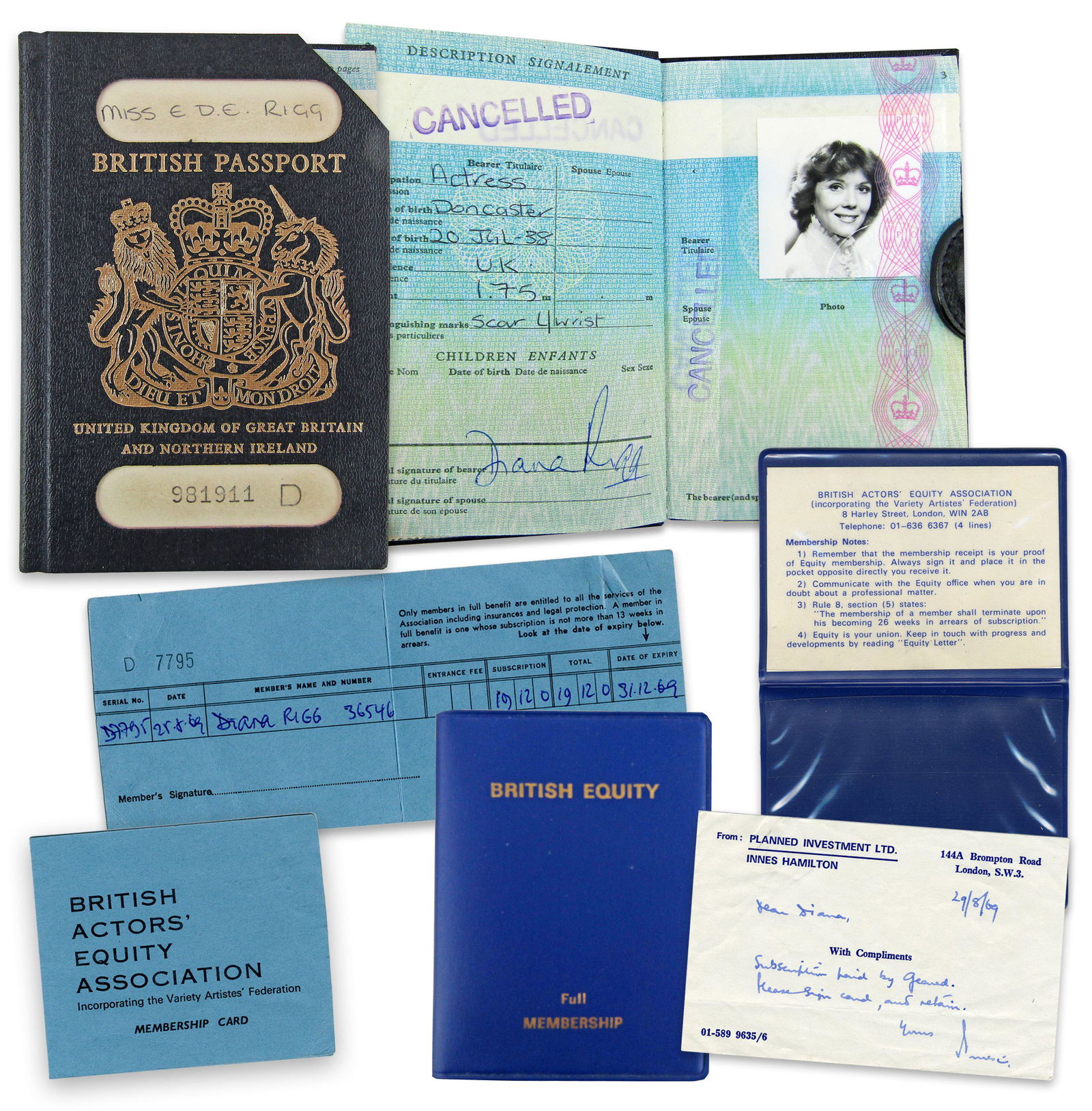 Diana Rigg Signed "Mother Love"-Era Passport With "On Her Majesty's Secret Service"-Era Union Card (1 of 11)