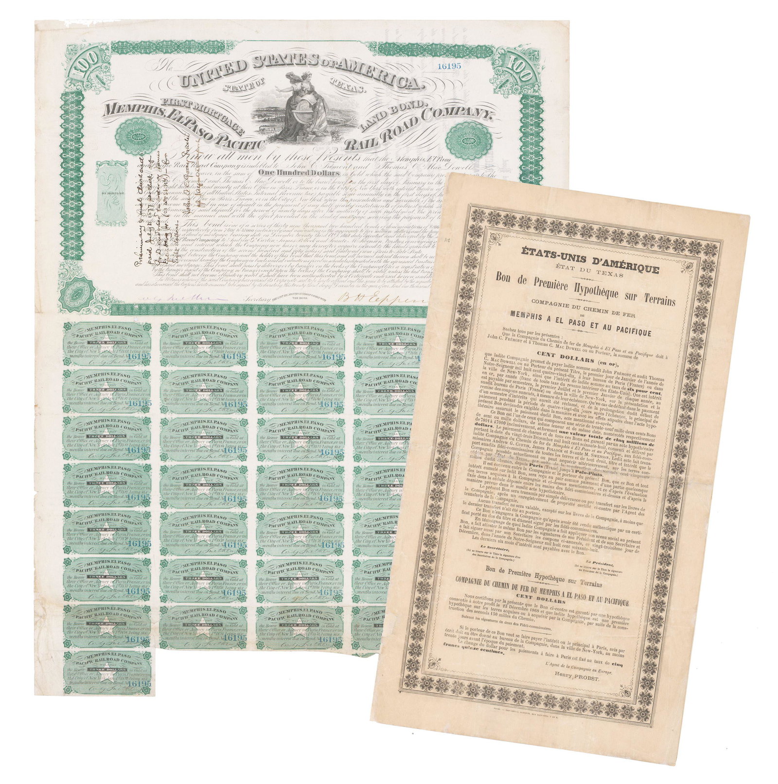 Memphis, El Paso & Pacific Railroad Co. $100 Bond Certificate, with French Supplementary Doc (1 of 5)