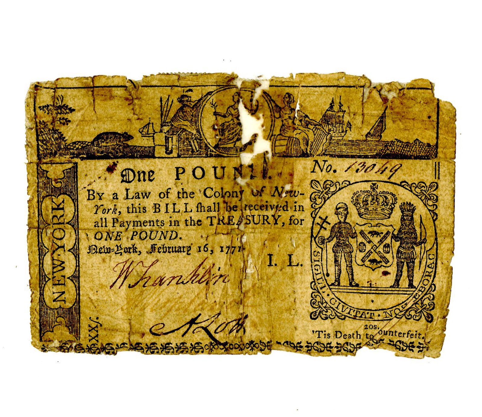 Colony of New York 1771 One Pound Currency Note Signed by Walter Franklin (1 of 2)