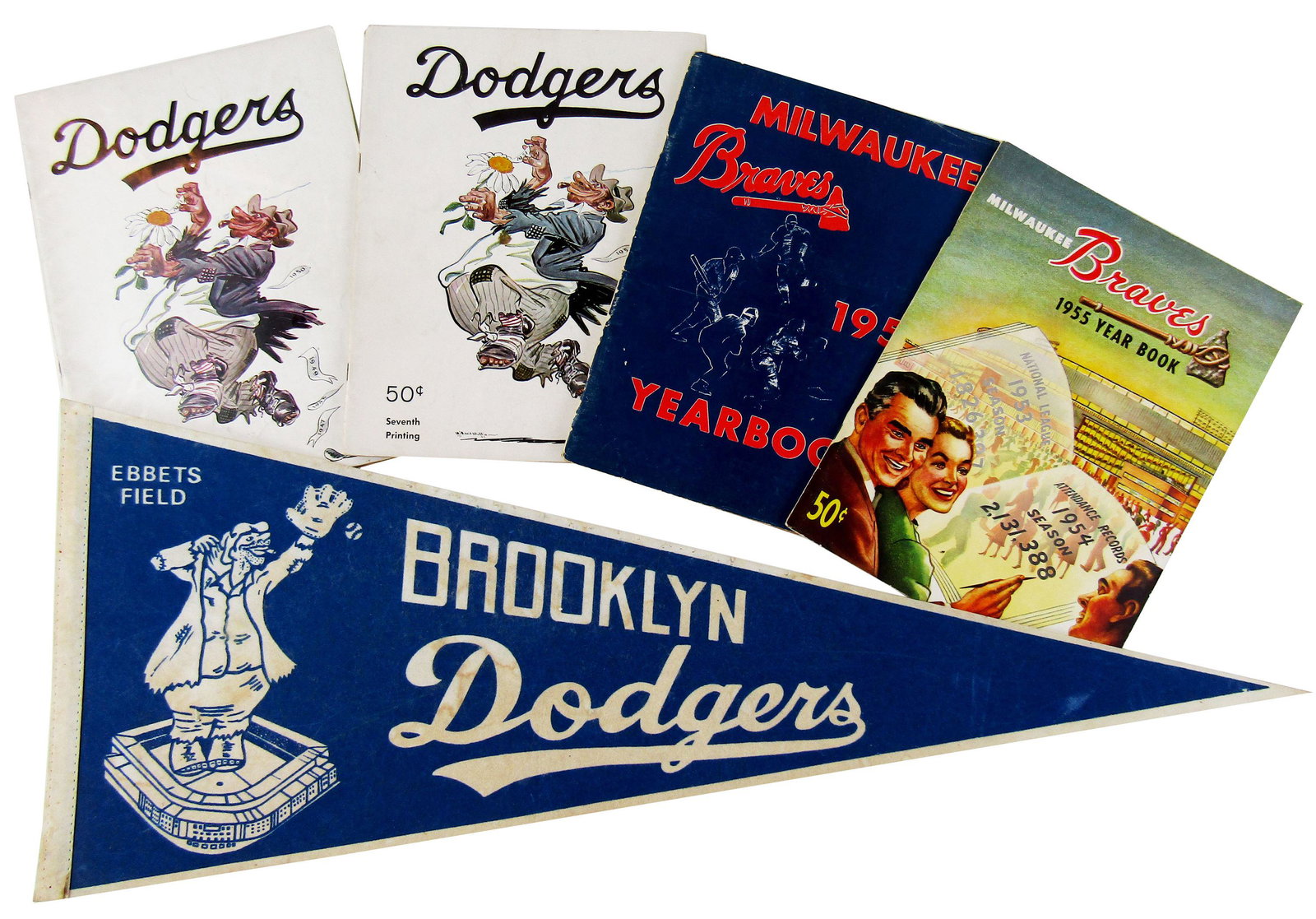 Baseball Memorabilia Archive Ft. Brooklyn Dodgers Pennant & Yearbooks, Plus Milwaukee Braves: Baseball Memorabilia Archive Ft. Brooklyn Dodgers Pennant & Yearbooks, Plus Milwaukee Braves An archive consisting of memorabilia from the Brooklyn Dodgers and Milwaukee Braves, including a pennan