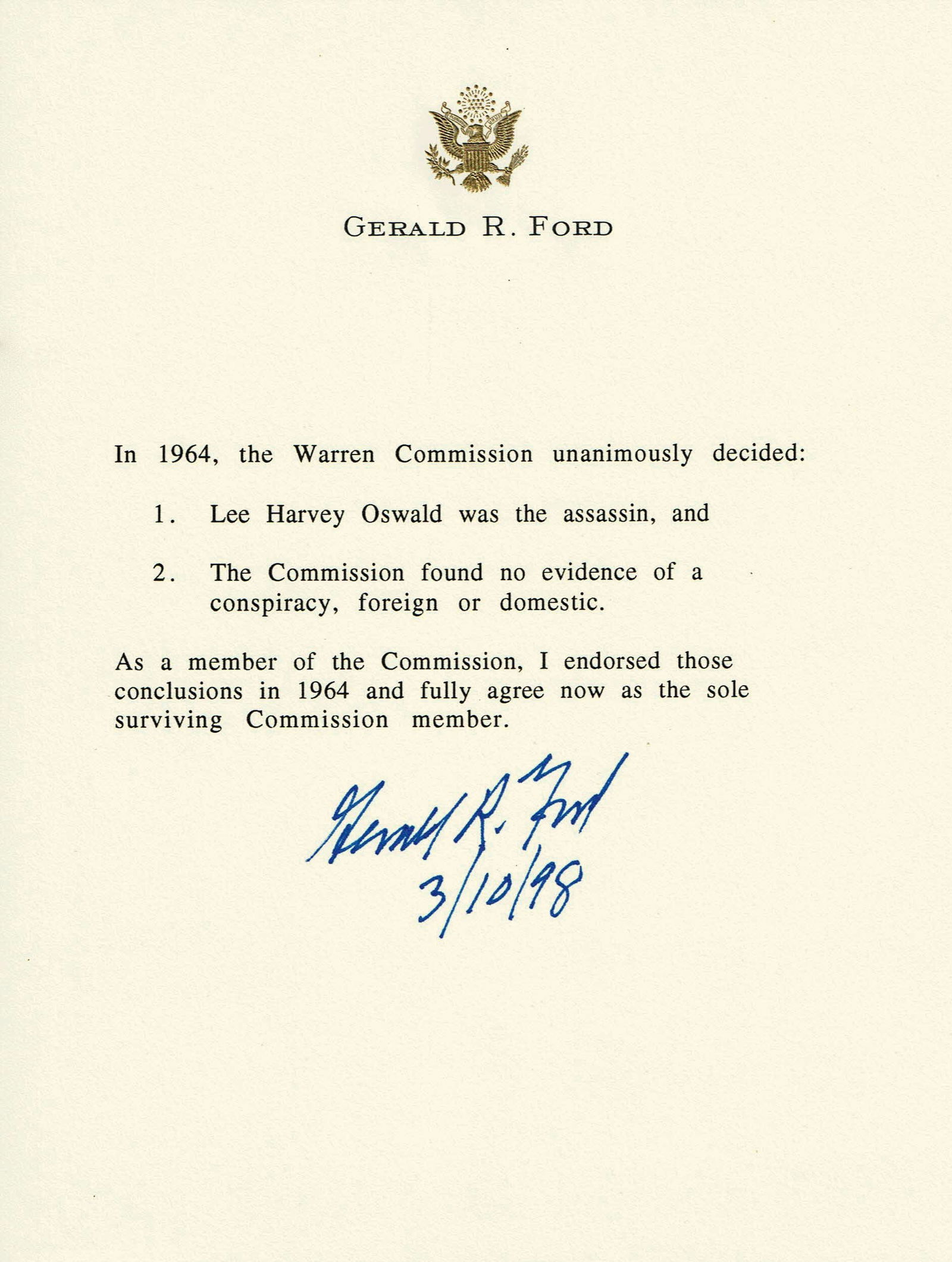 G. Ford: “Lee Harvey Oswald was the Assassin”  Warren Commission Letter (1 of 2)
