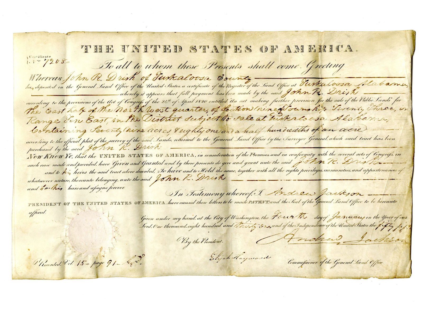 A. Jackson Signed Land Grant for Drish Plantation House, Slave Related, Purportedly Haunted! (1 of 2)